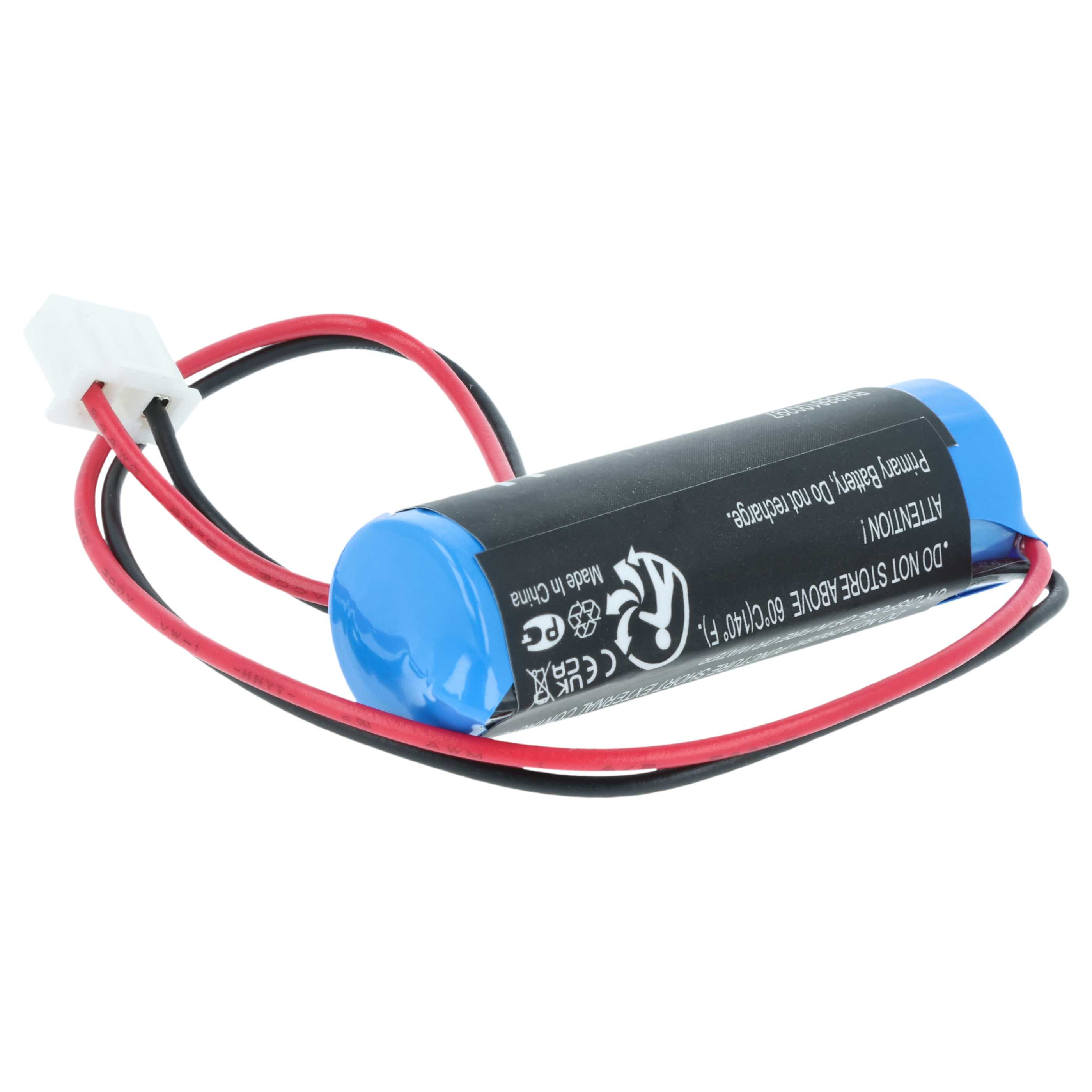 Eine blaue Batterie mit schwarzem Etikett und roten und schwarzen Kabeln.