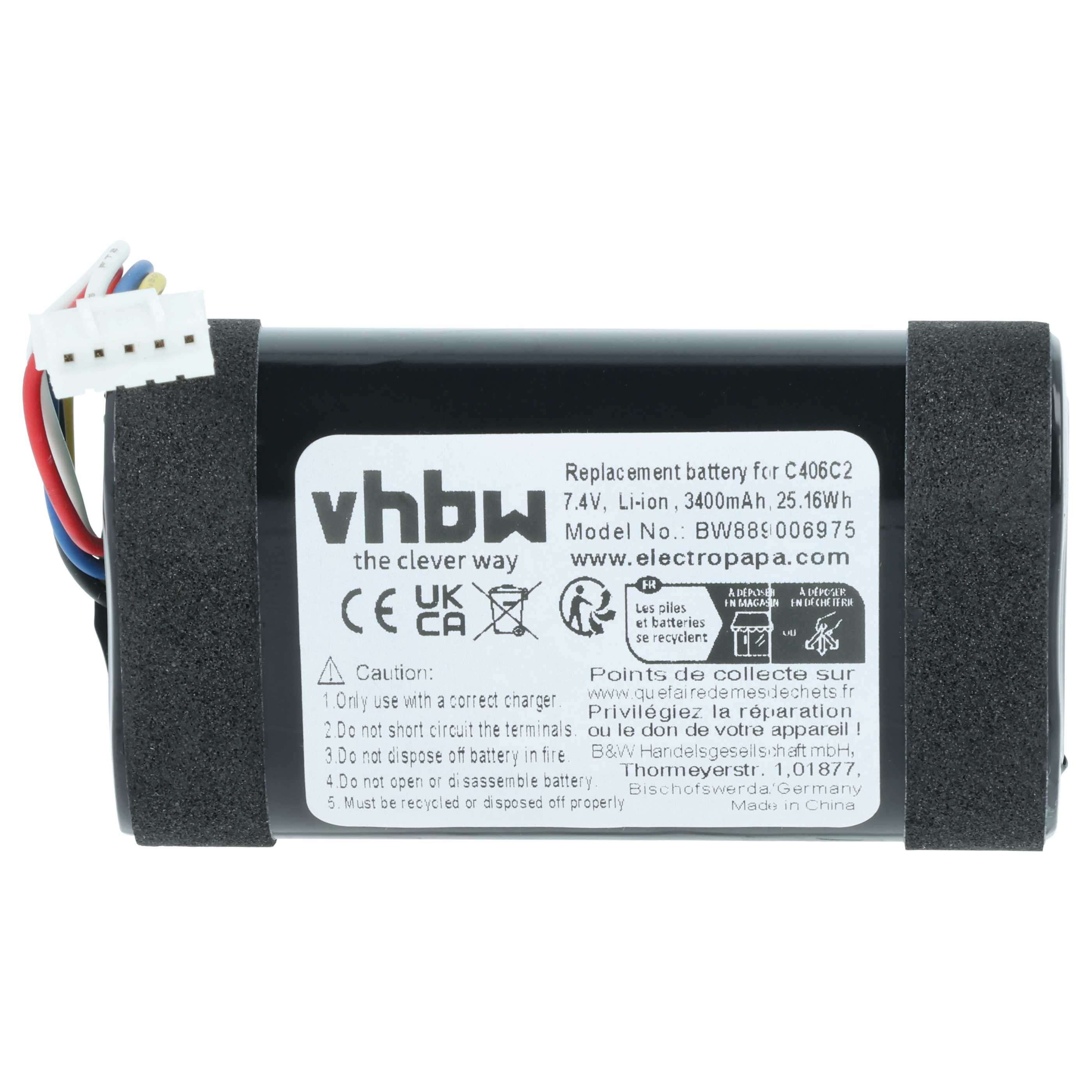Schwarzer Lithium-Ionen-Akku mit weißem Etikett und Kabeln. 7,4 V, 3400 mAh.
