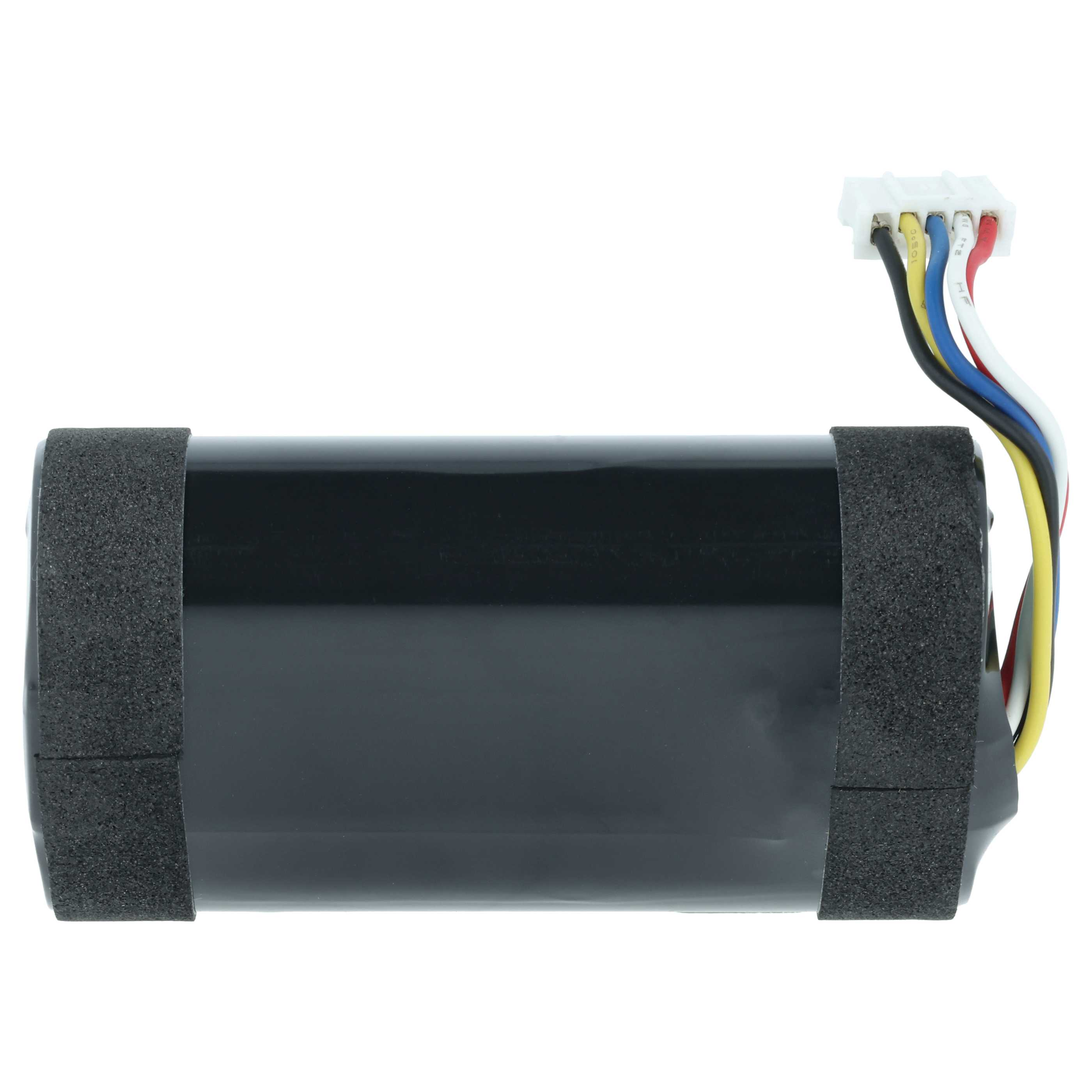 Schwarzer Akku mit Schaumstoffbändern und buntem Kabelstecker.