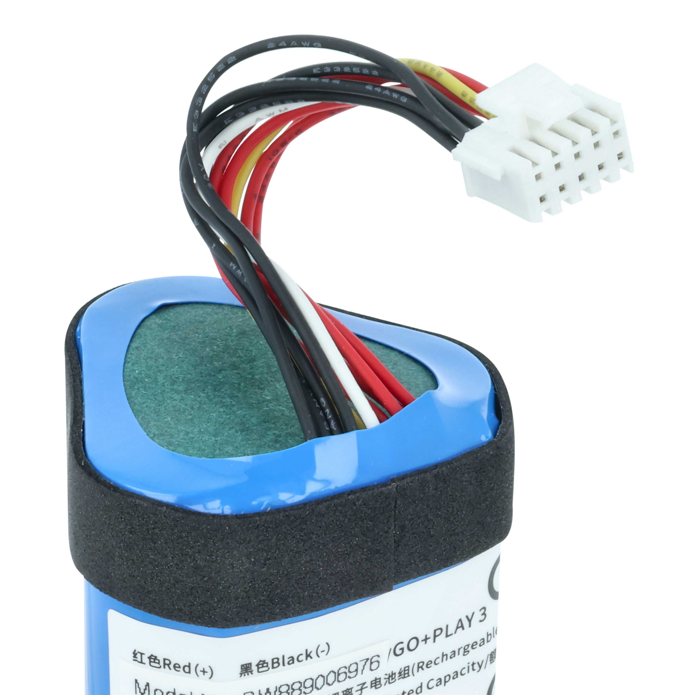 Ein blauer Akku mit schwarzen, roten, weißen und gelben Kabeln, die zu einem weißen Stecker führen.