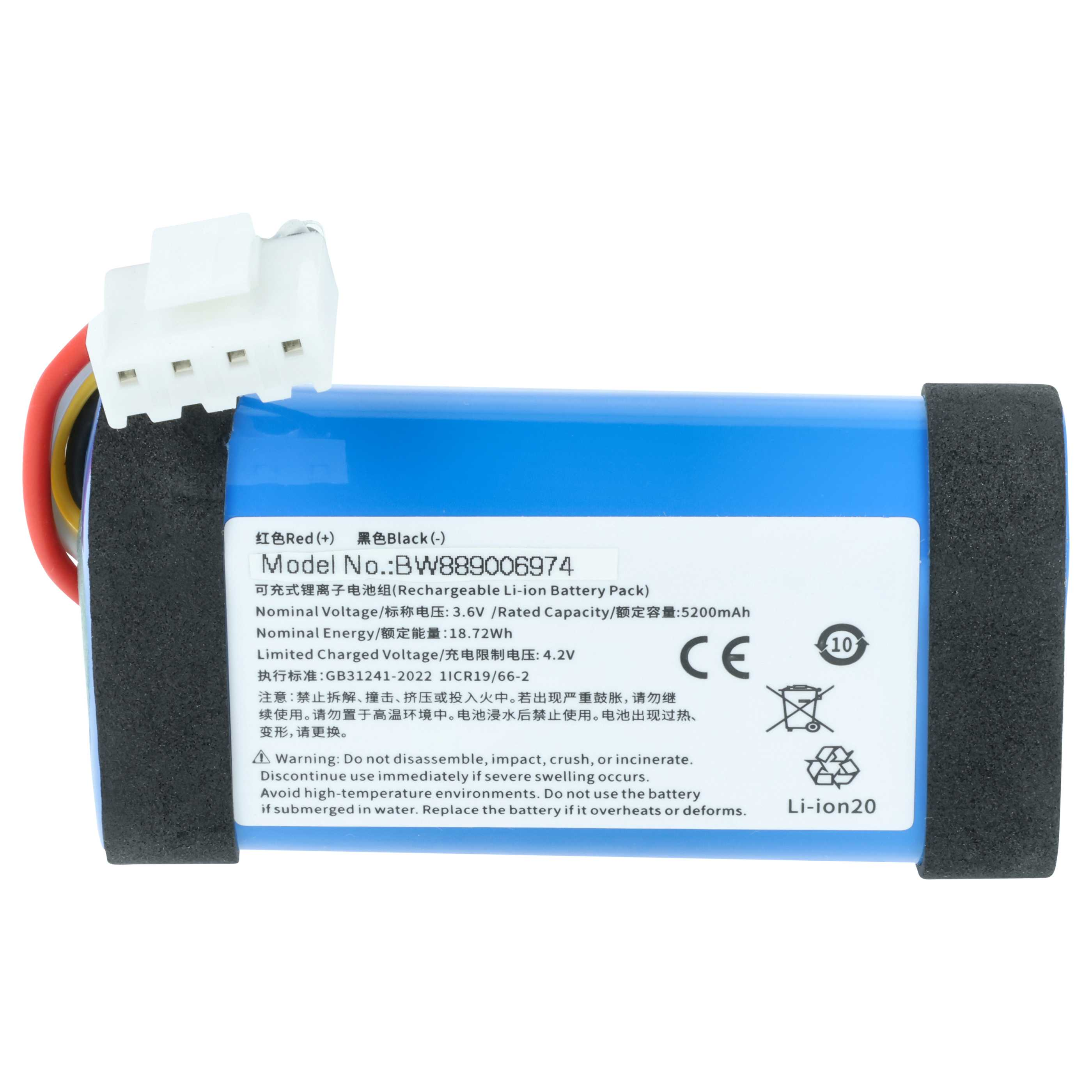 Blauer Li-ion Akku mit weißem Stecker und Warnsymbolen.