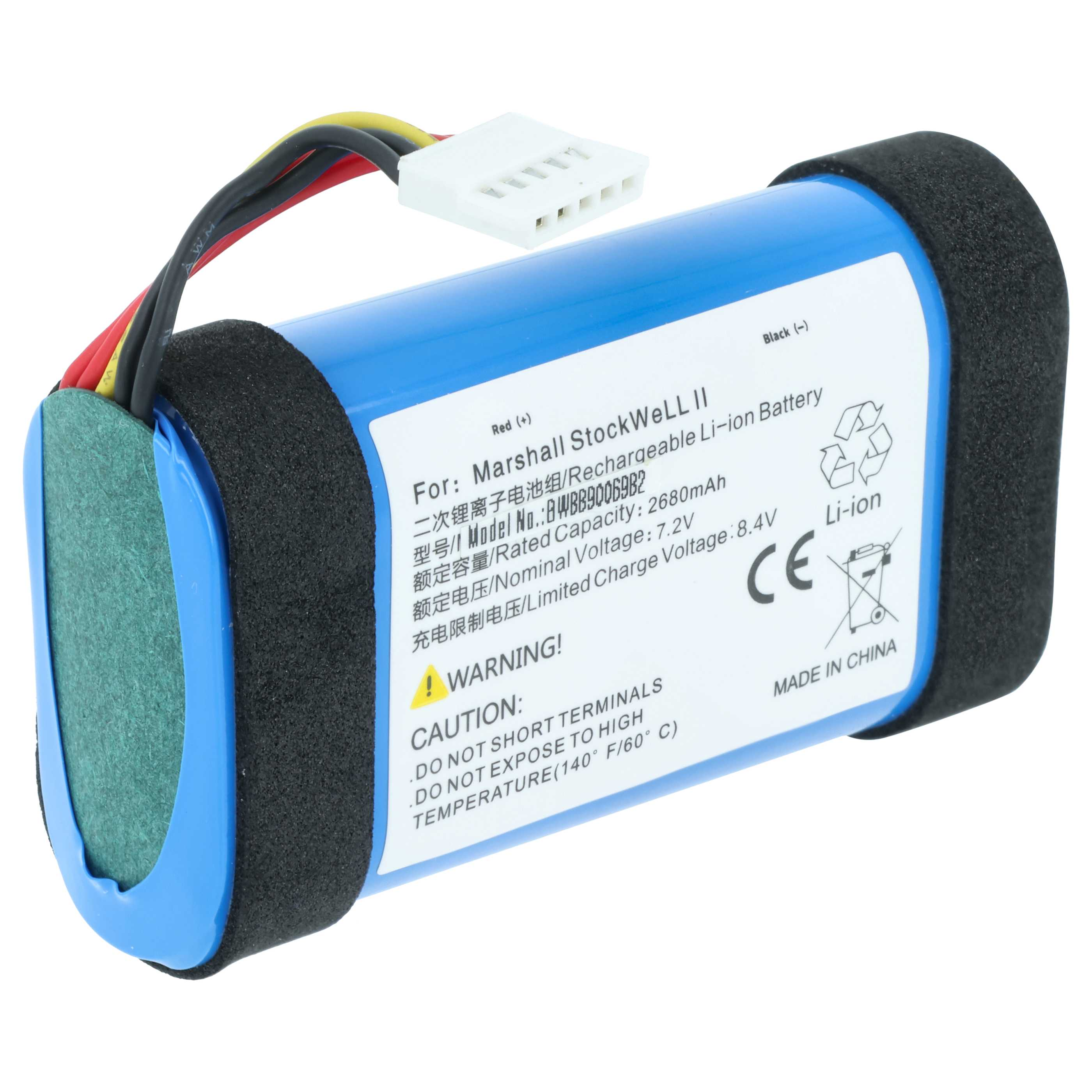 Blauer Li-Ionen-Akku für Marshall Stockwell II mit Kabeln und Warnhinweisen.