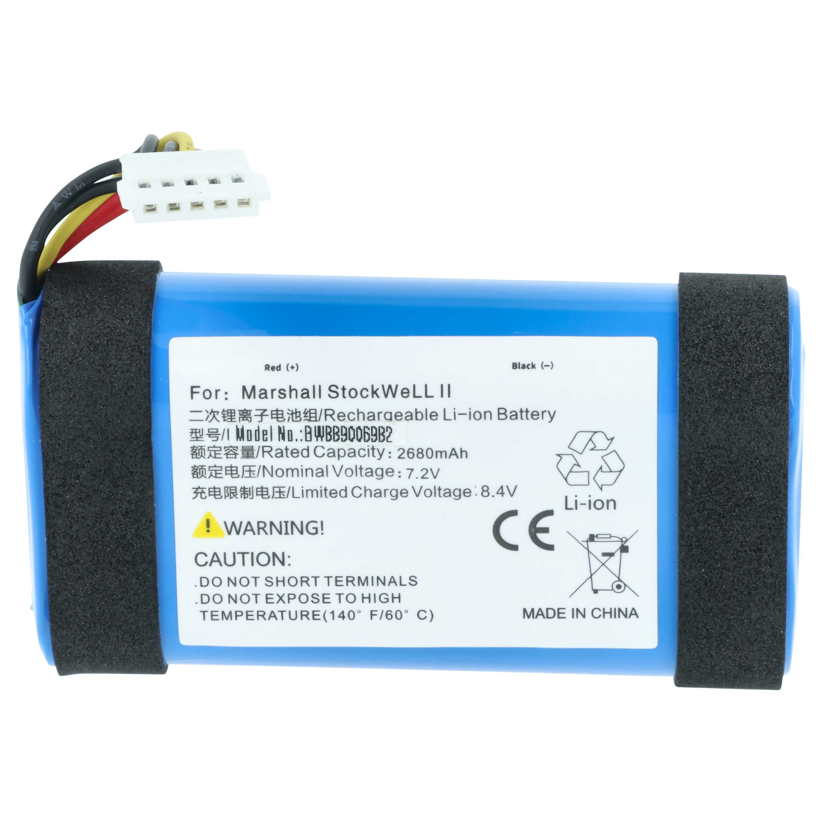 Blauer Li-Ion-Akku für Marshall Stockwell II mit Kabeln und Warnhinweisen.