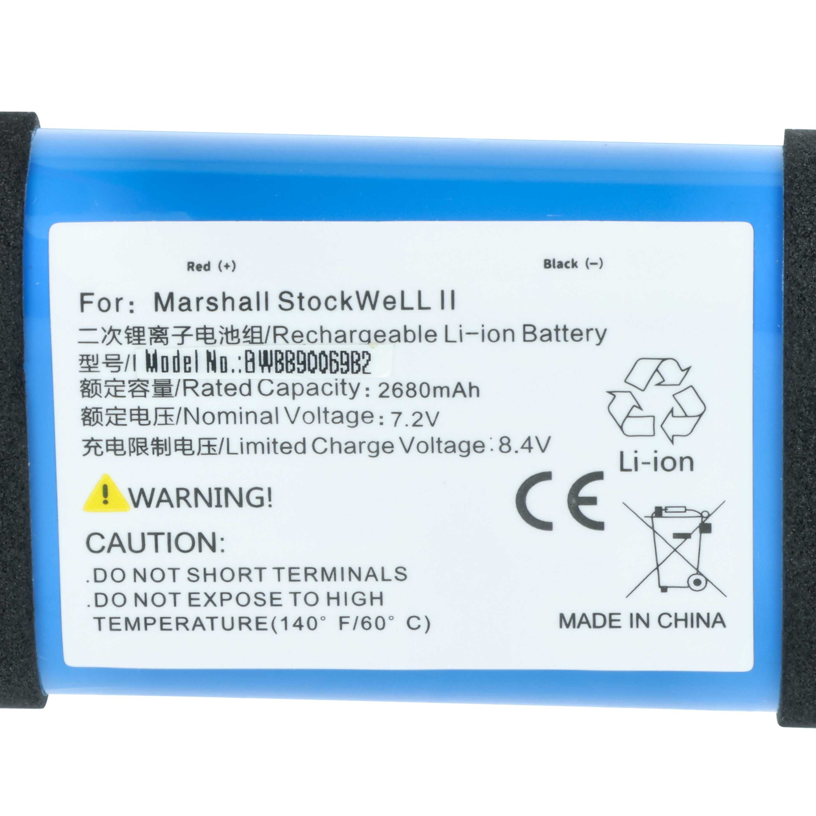 Blauer Akku für Marshall Stockwell II mit Spezifikationen und Warnhinweisen.