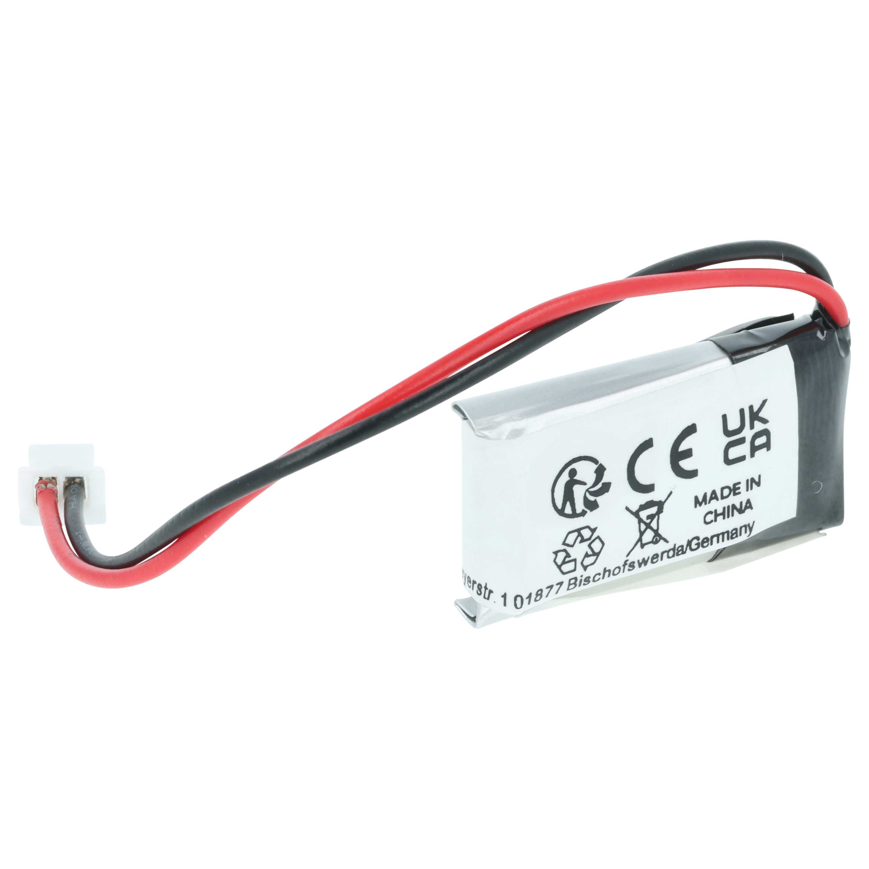 Ein weißer Akku mit rotem und schwarzem Kabel und einem weißen Stecker.