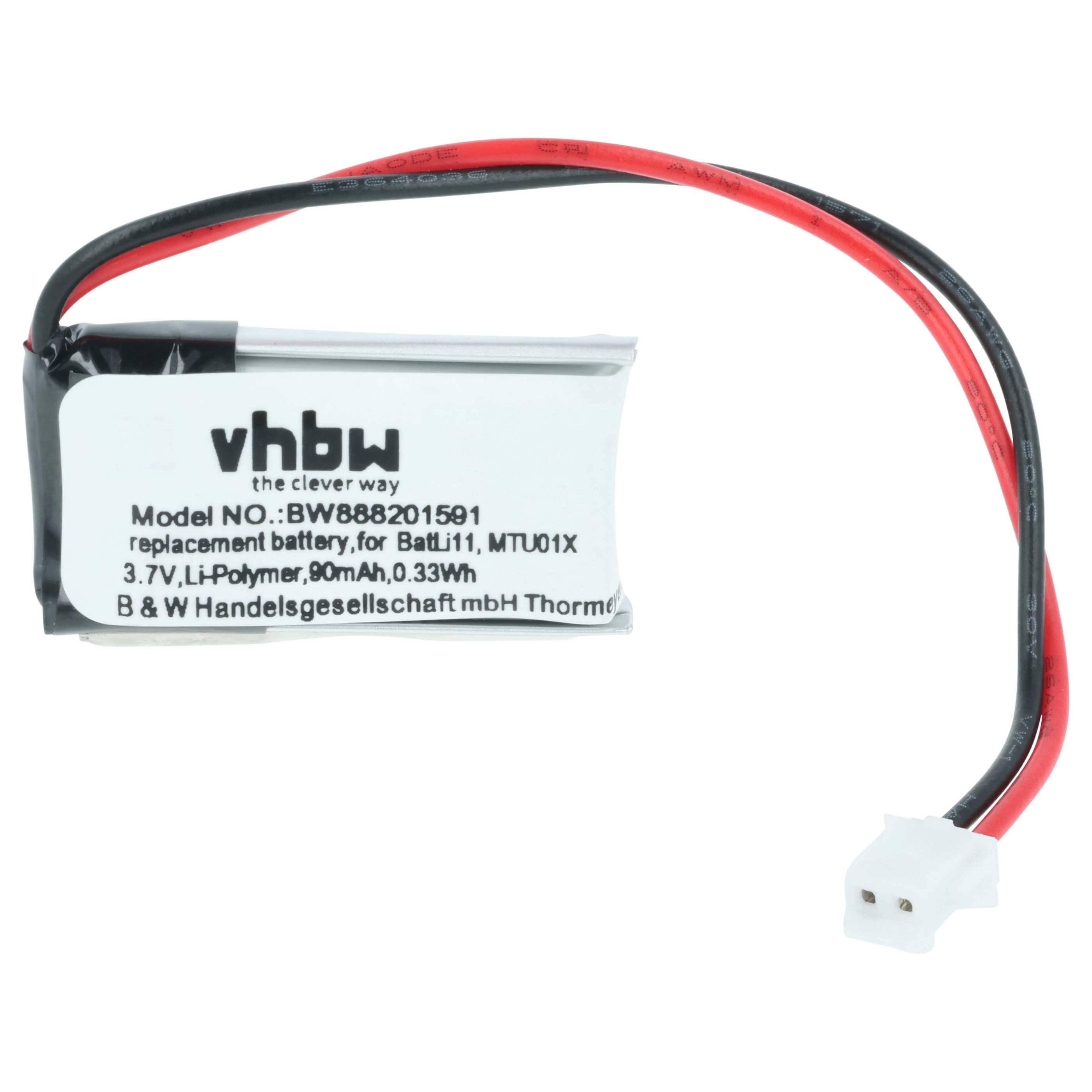 Ein vhbw Li-Polymer-Akku 3,7V 90mAh mit schwarzen und roten Kabeln.