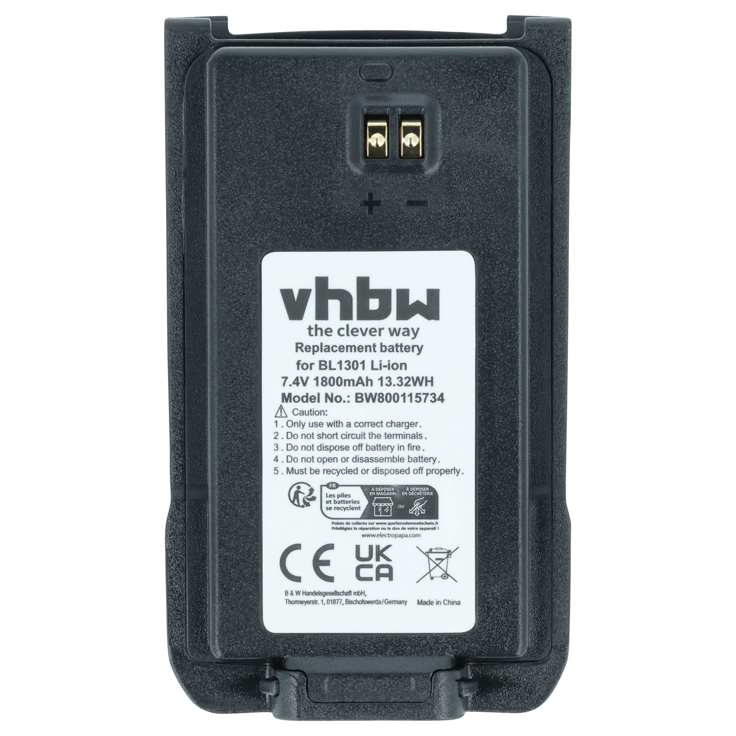 Schwarzer Akku für BL1301 Li-Ion, 7.4V 1800mAh. Enthält Warnhinweise.
