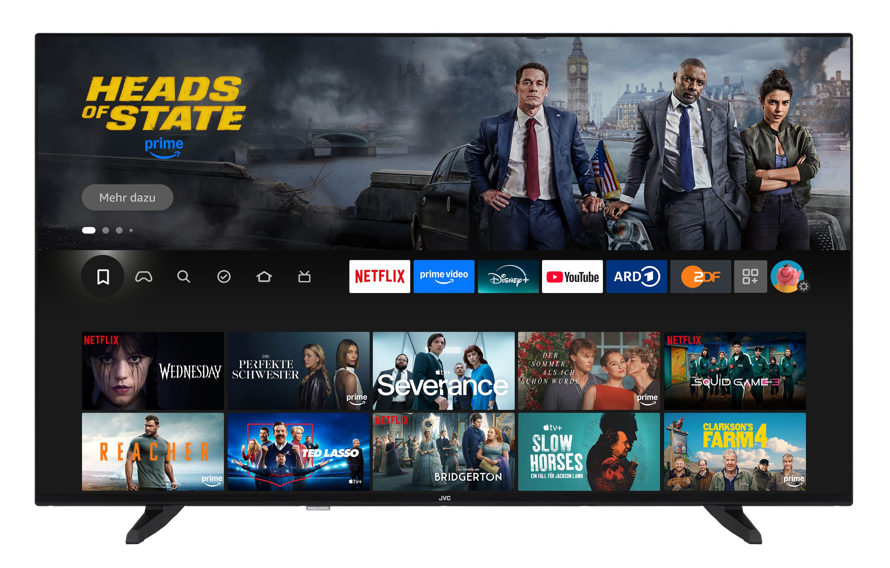 Startbildschirm eines Smart-TVs mit Film- und Serienvorschlägen von Netflix, Prime Video, Disney+ und mehr.