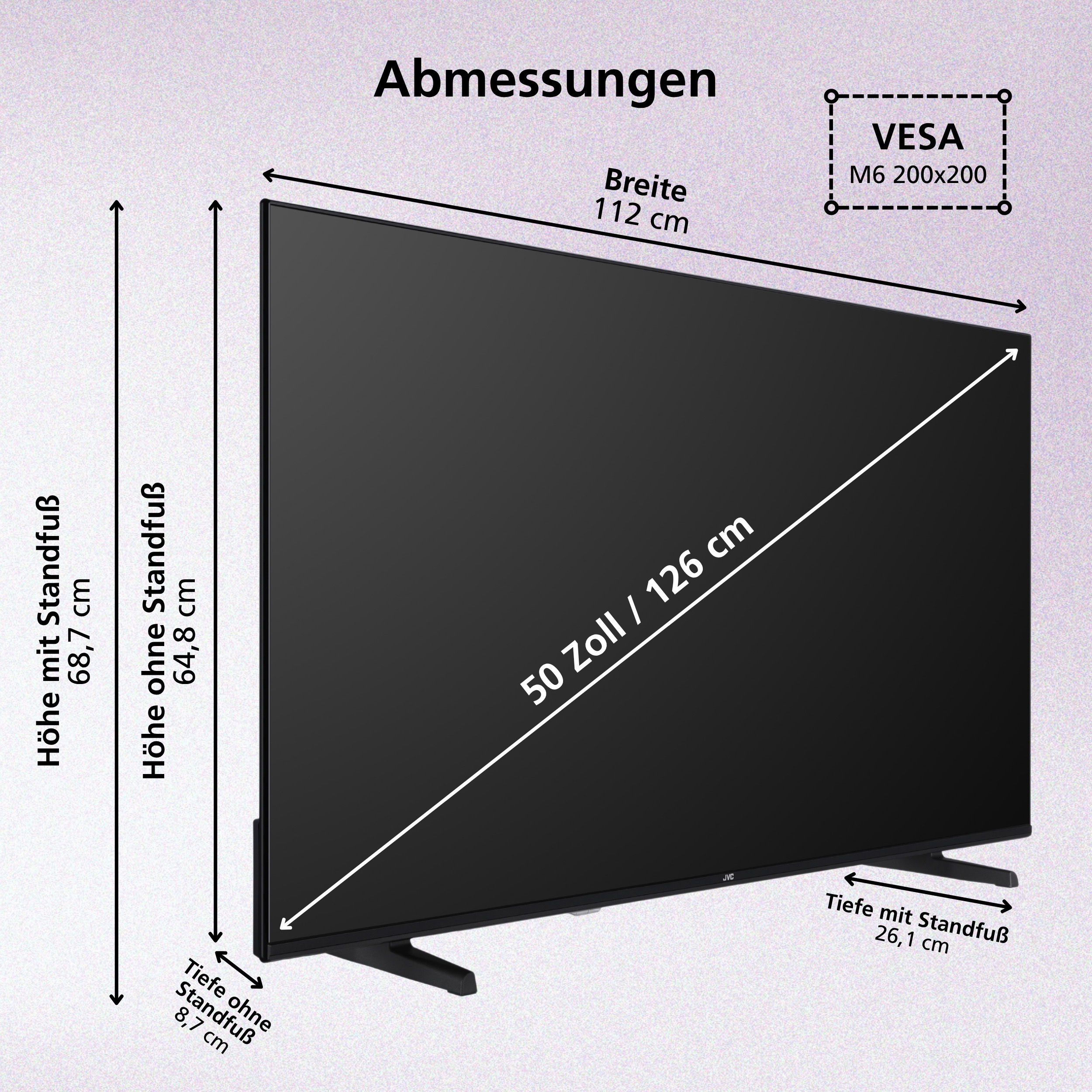 Abmessungen eines 50-Zoll-Fernsehers mit Maßen für Höhe, Breite und Tiefe.