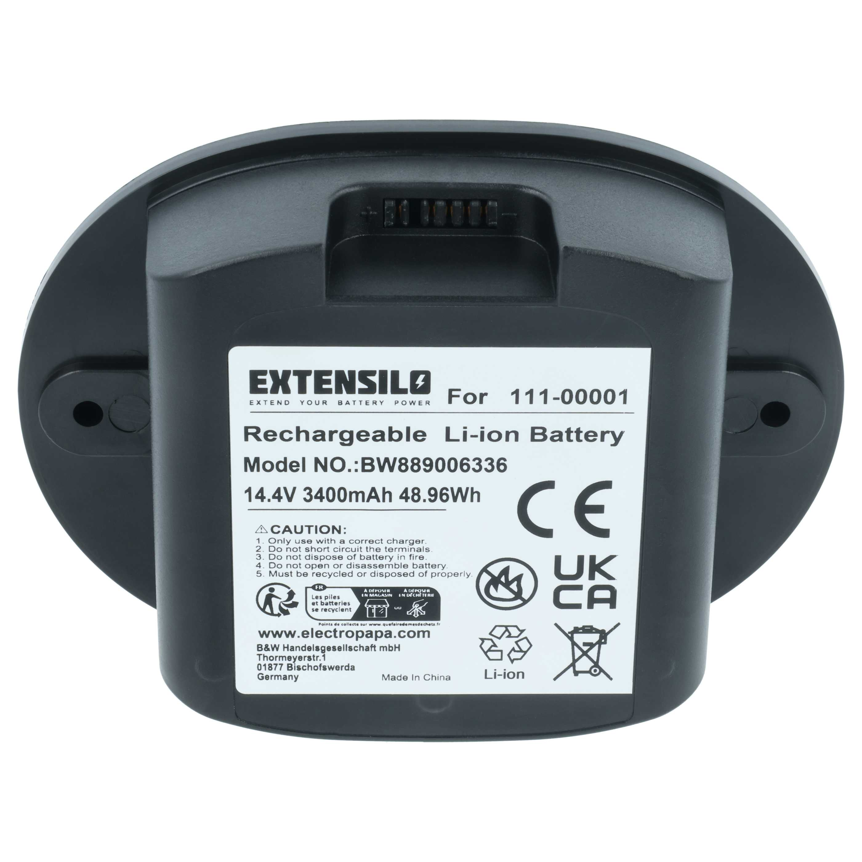 Schwarzer Akku mit Etikett, Modell BW889006336, 14.4V 3400mAh.
