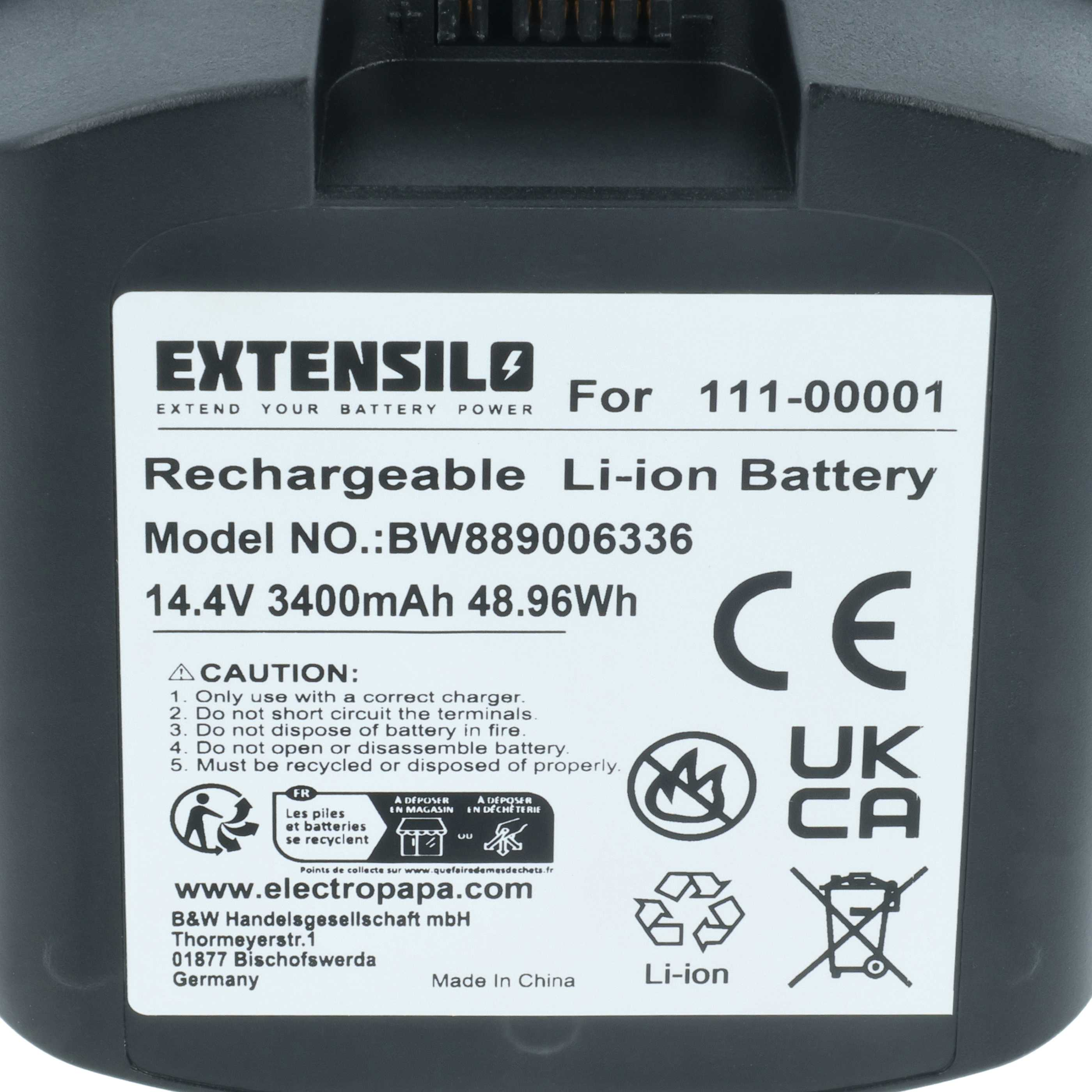 Schwarzer Akku mit weißem Etikett, Modell BW889006336, 14,4V.