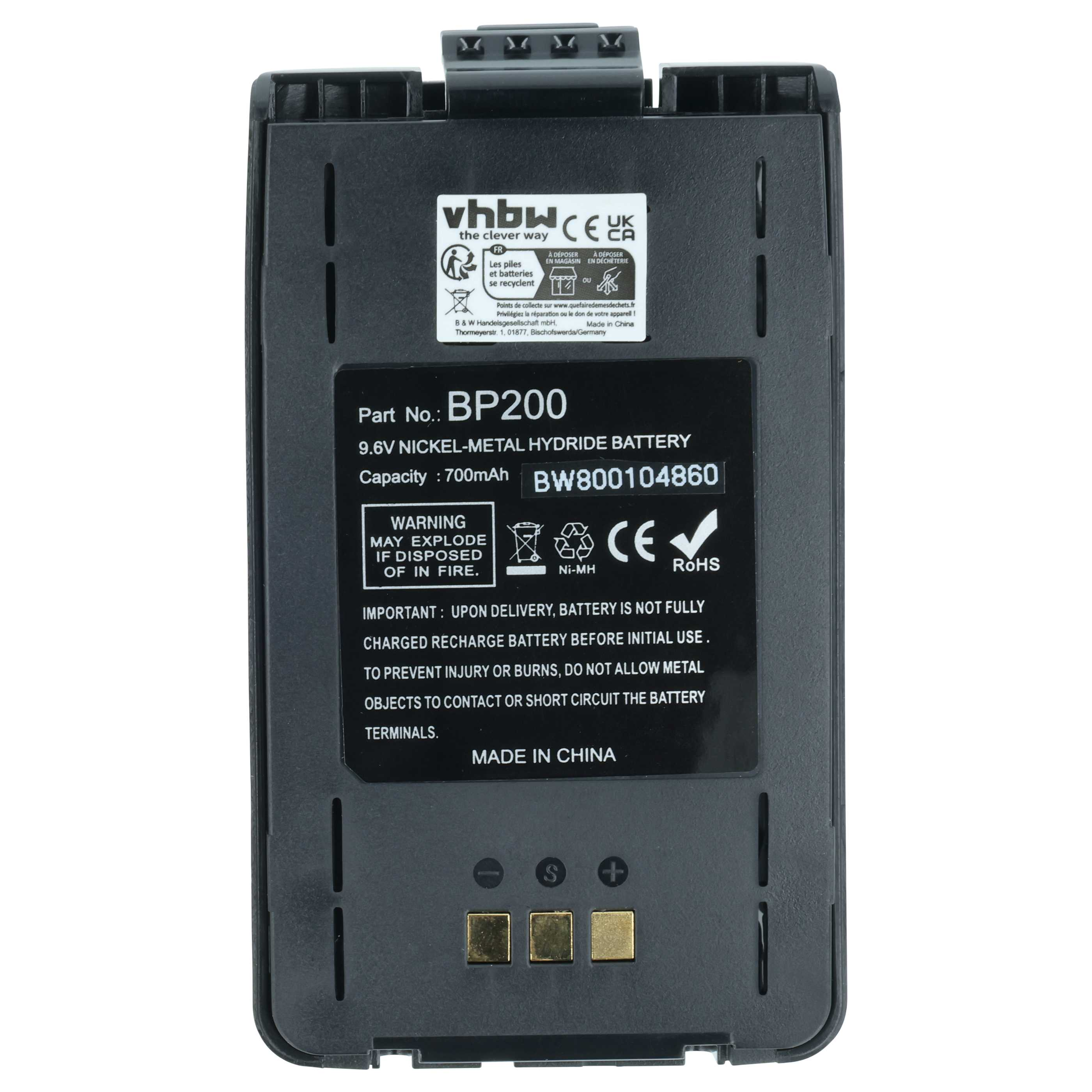 Ein schwarzer Akku für BP200, 9.6V, 700mAh Ni-MH, mit Anschlüssen und Warnhinweisen.