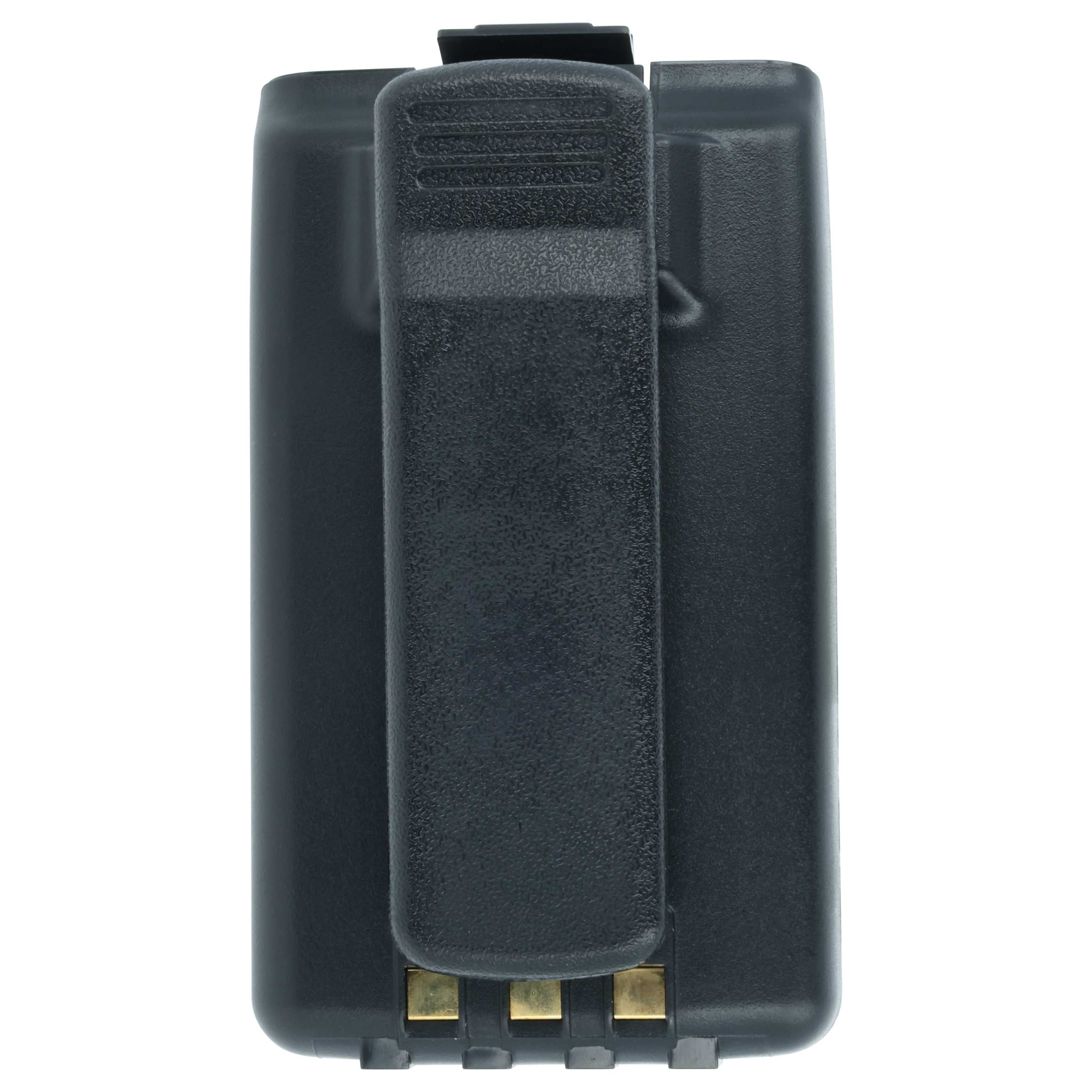 Schwarzer Akku mit Gürtelclip und goldenen Kontakten.