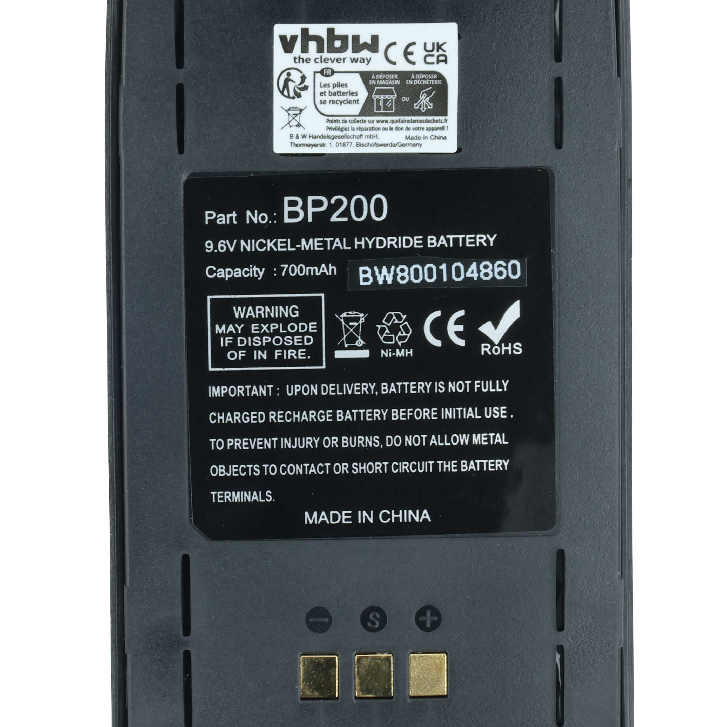 Schwarz. Akku mit Modellnummer BP200 und Kapazität 700mAh.