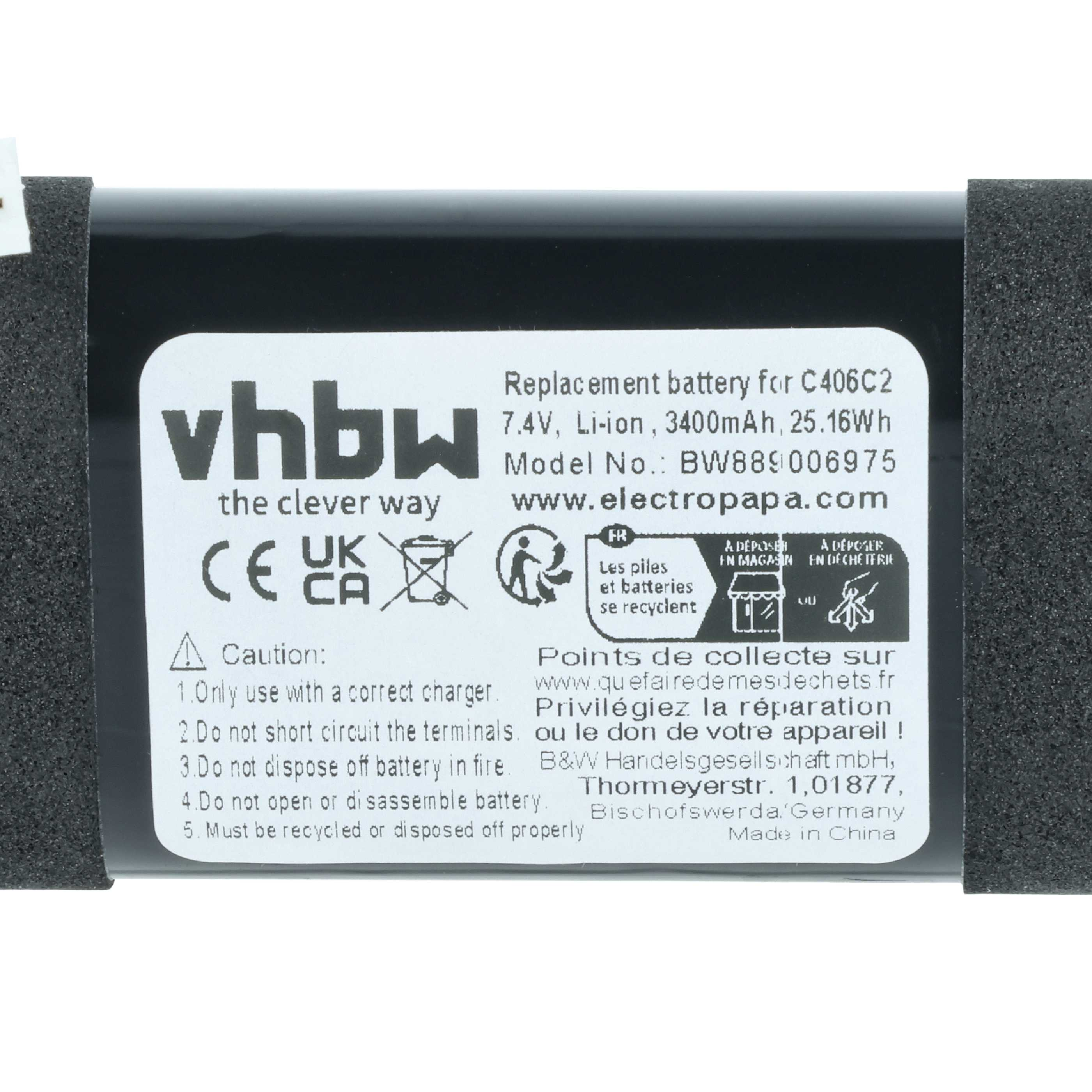 Schwarz-grauer Akku mit weißem Etikett; 7,4V, Li-Ion, 3400mAh.