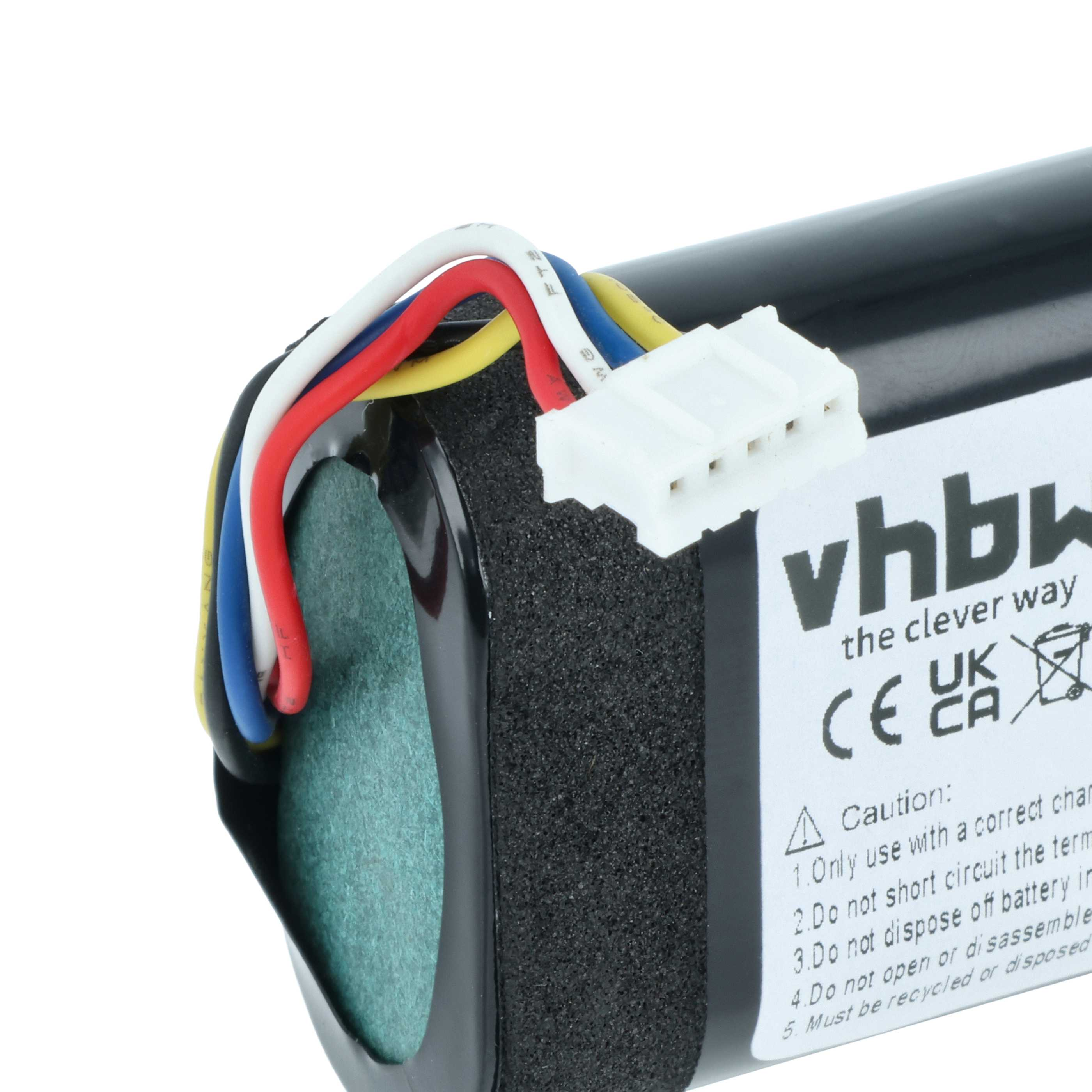 Ein schwarzer Akku mit farbigen Kabeln und einem weißen Stecker.