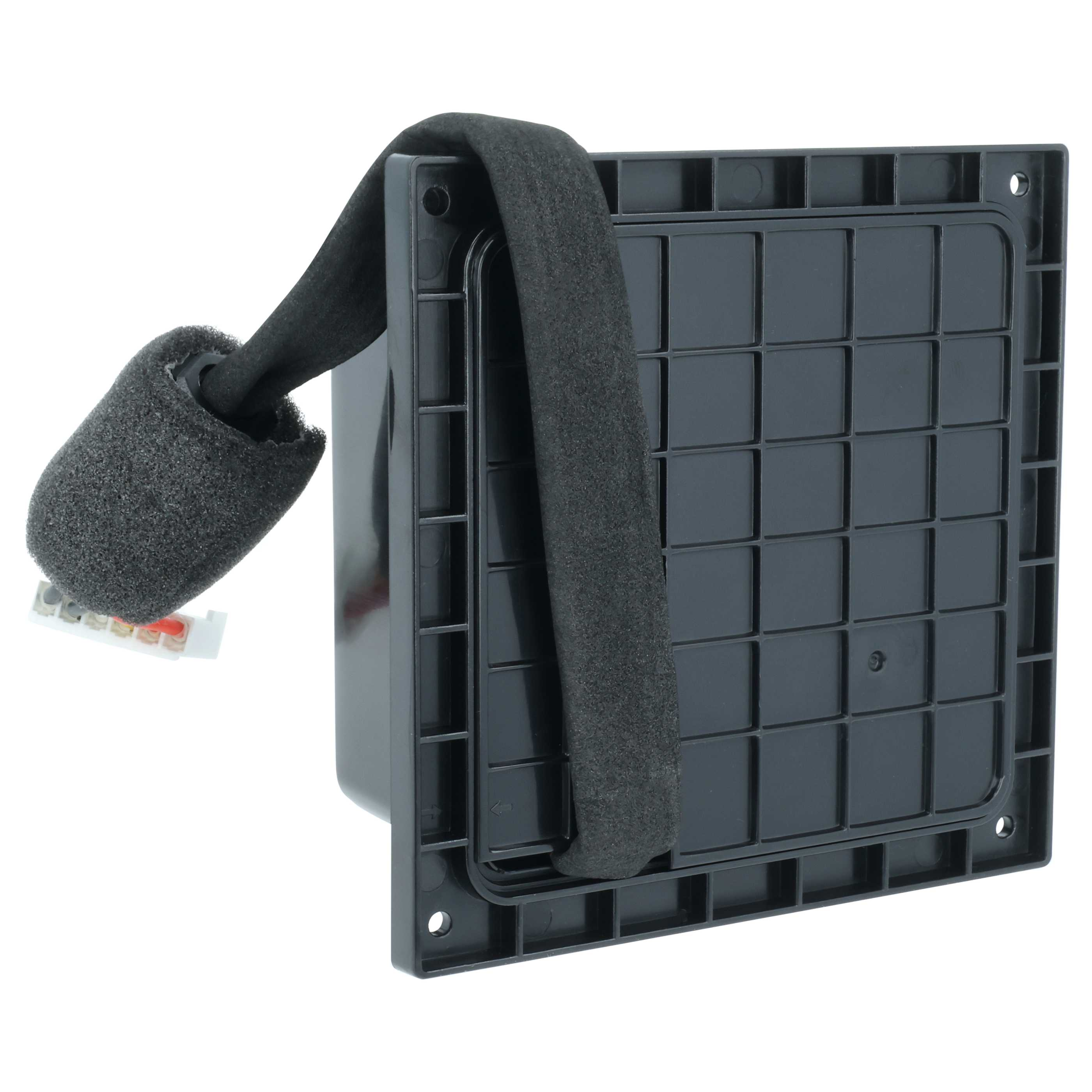 Schwarzes Rechteck mit Gitternetz und Schaumstoffband. Weiße Anschlussklemme mit roten Drähten.