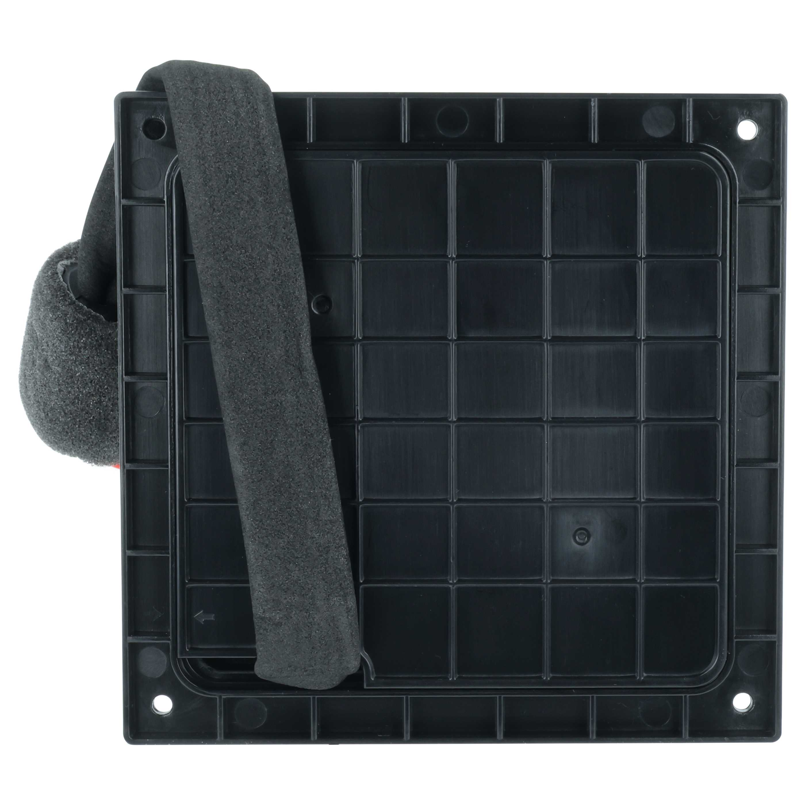Schwarzes, quadratisches Plastikgitter mit einem strukturierten grauen Riemen.
