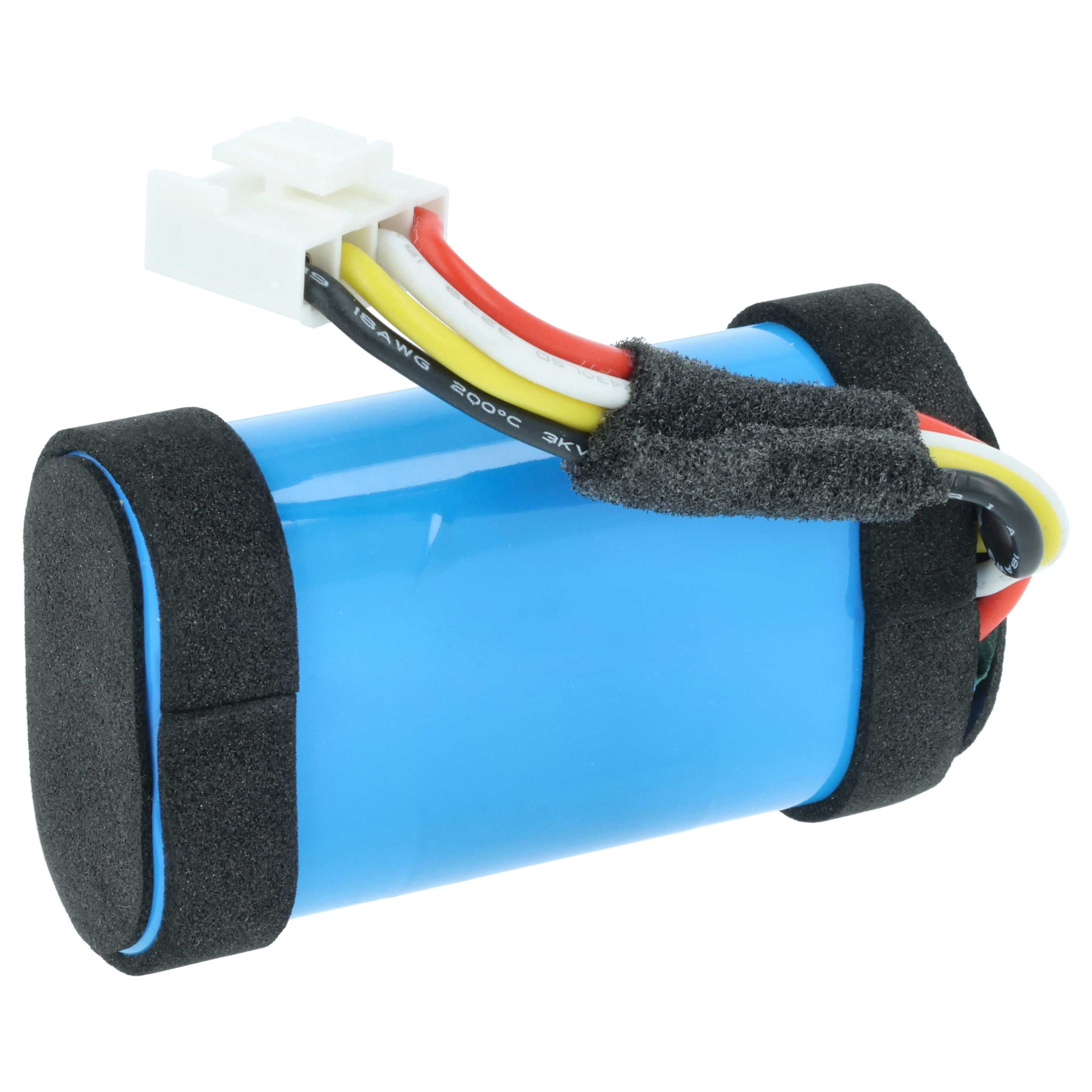 Ein blauer Zylinderakku mit weißen, roten und gelben Kabeln und einem weißen Stecker.