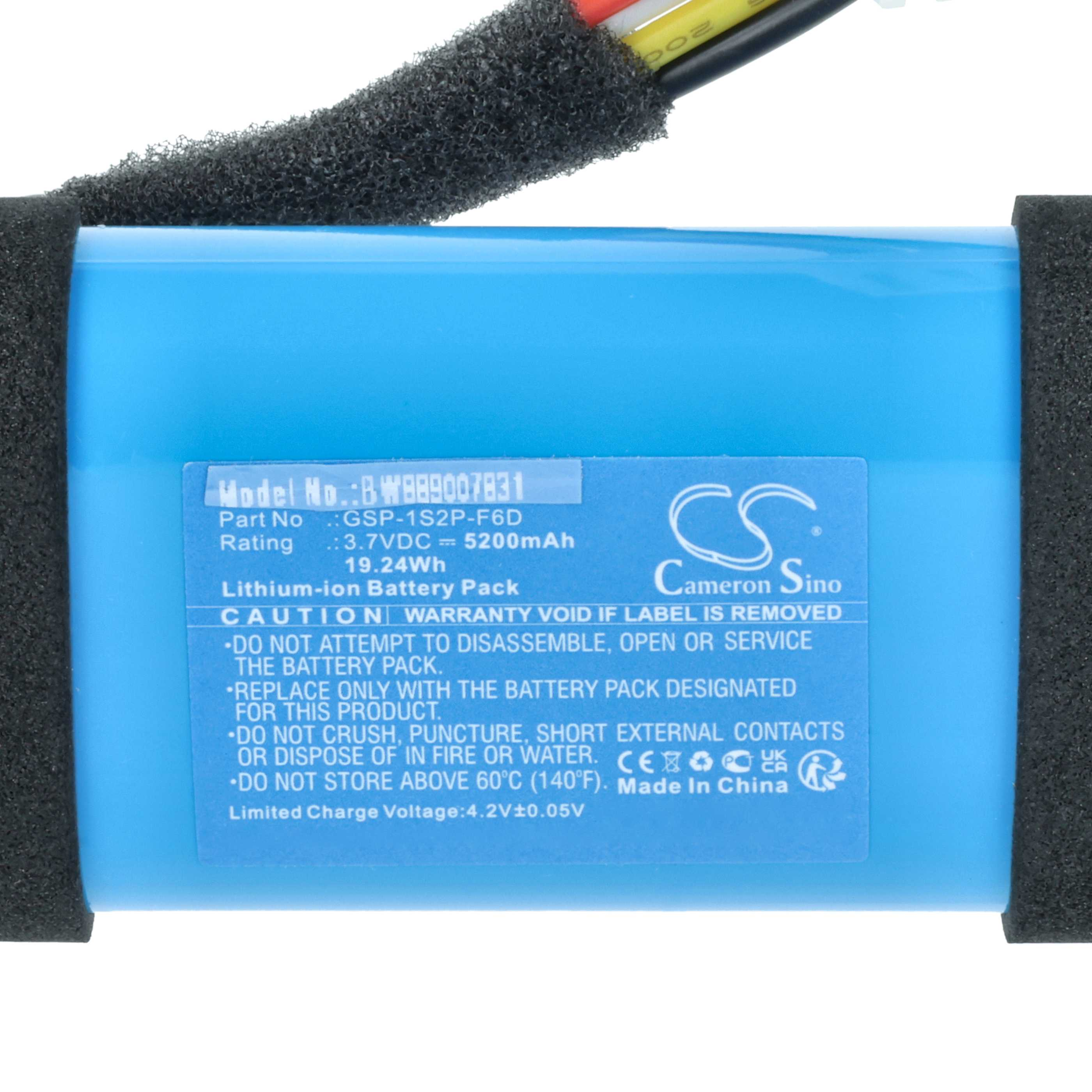Blauer Lithium-Ionen-Akku mit schwarzen Schaumstoffpolstern und Warnhinweisen.