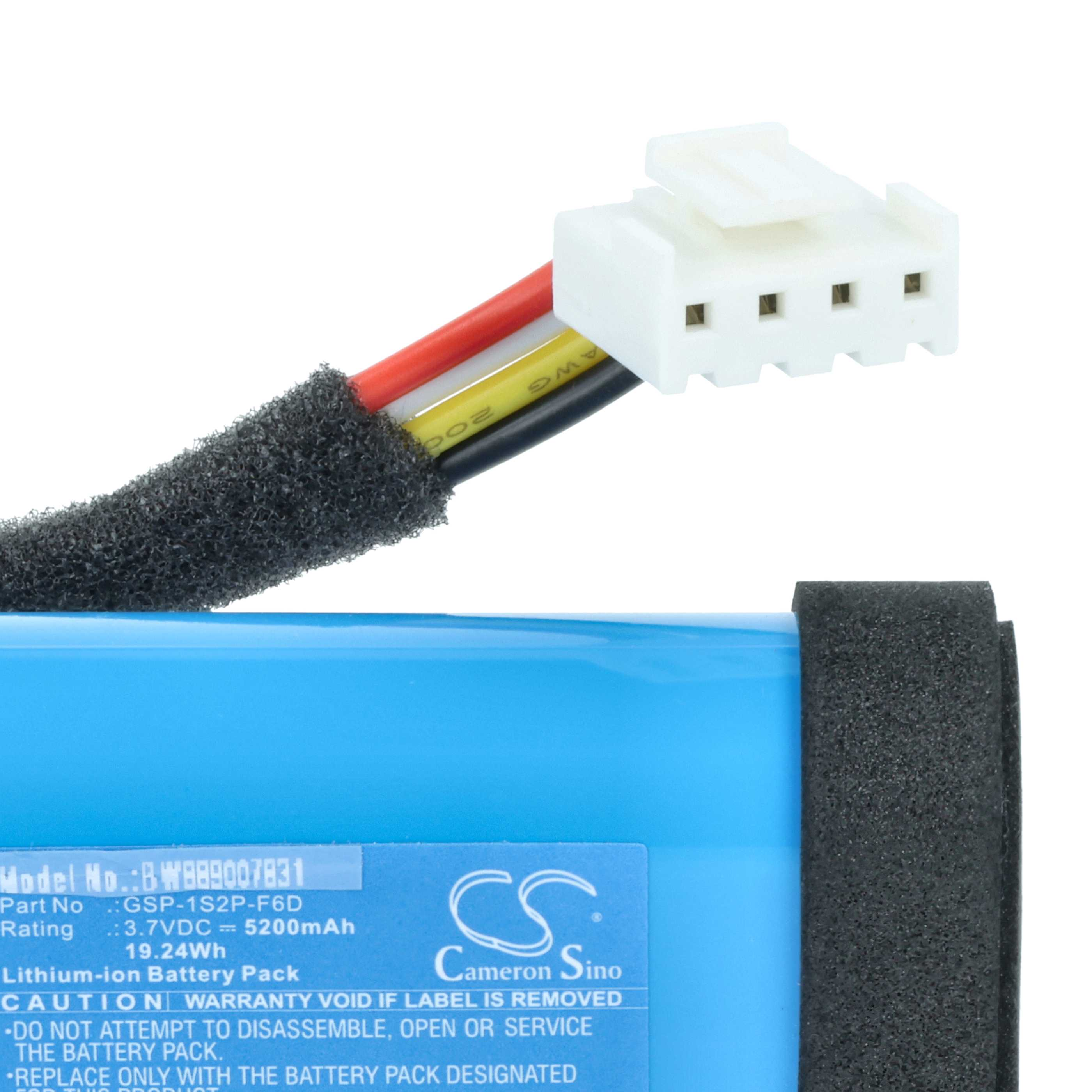 Blauer Lithium-Ionen-Akku mit Kabel und weißem Stecker. Details auf Etikett.