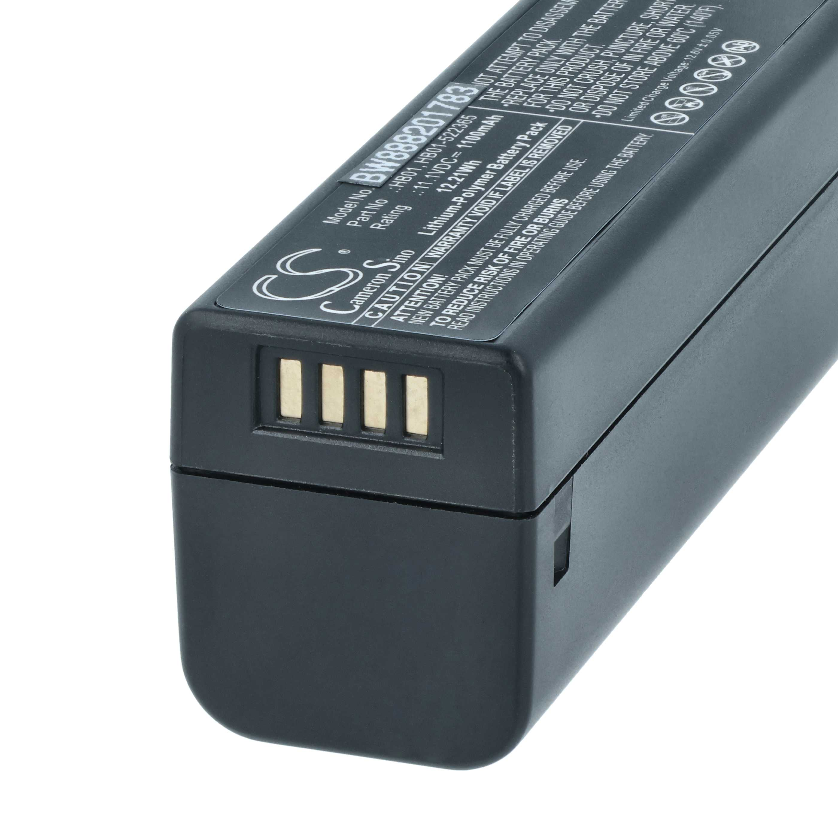 Schwarzer Lithium-Polymer-Akku mit Kontakten und Beschriftung.