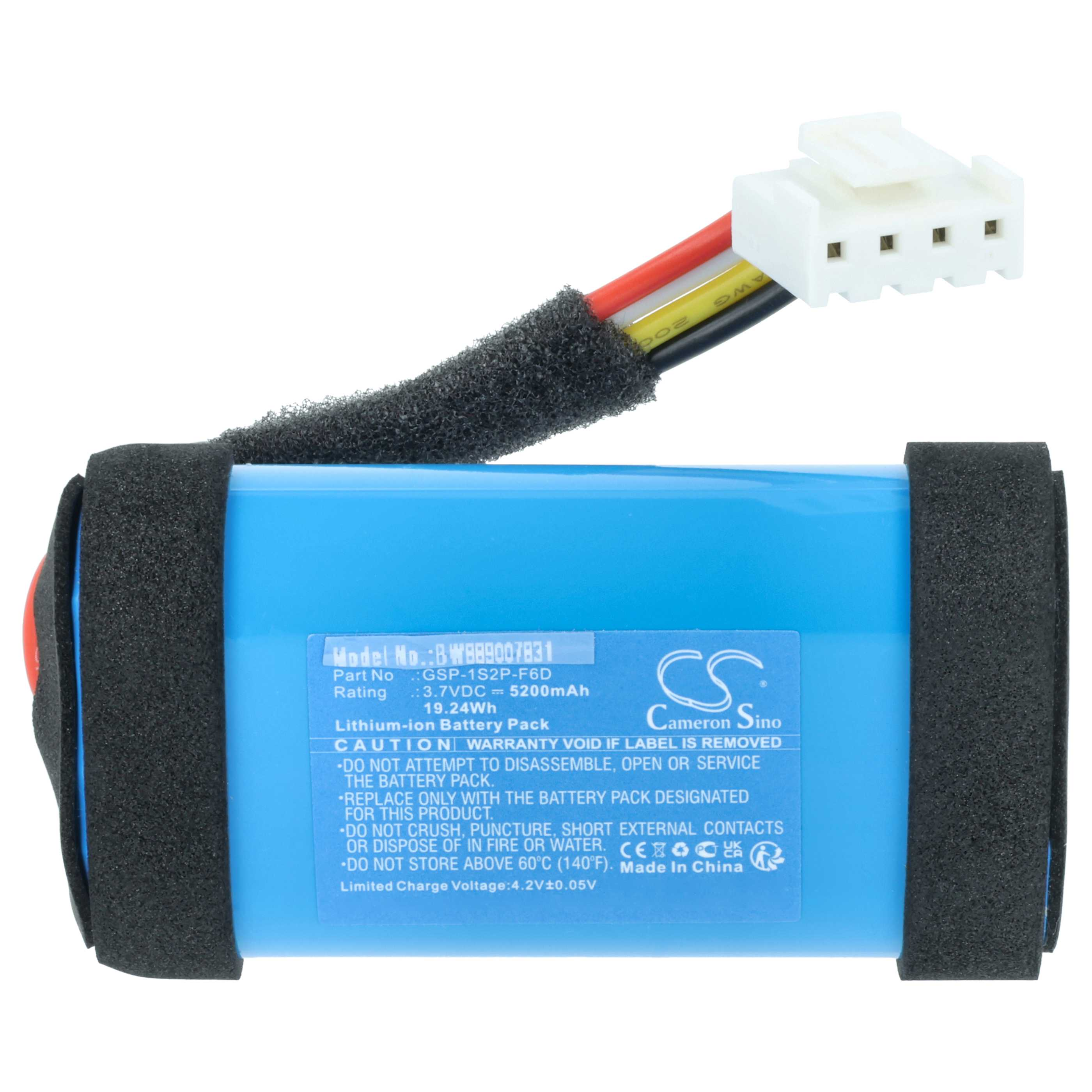 Blauer Lithium-Ionen-Akku mit Kabeln und weißem Stecker.