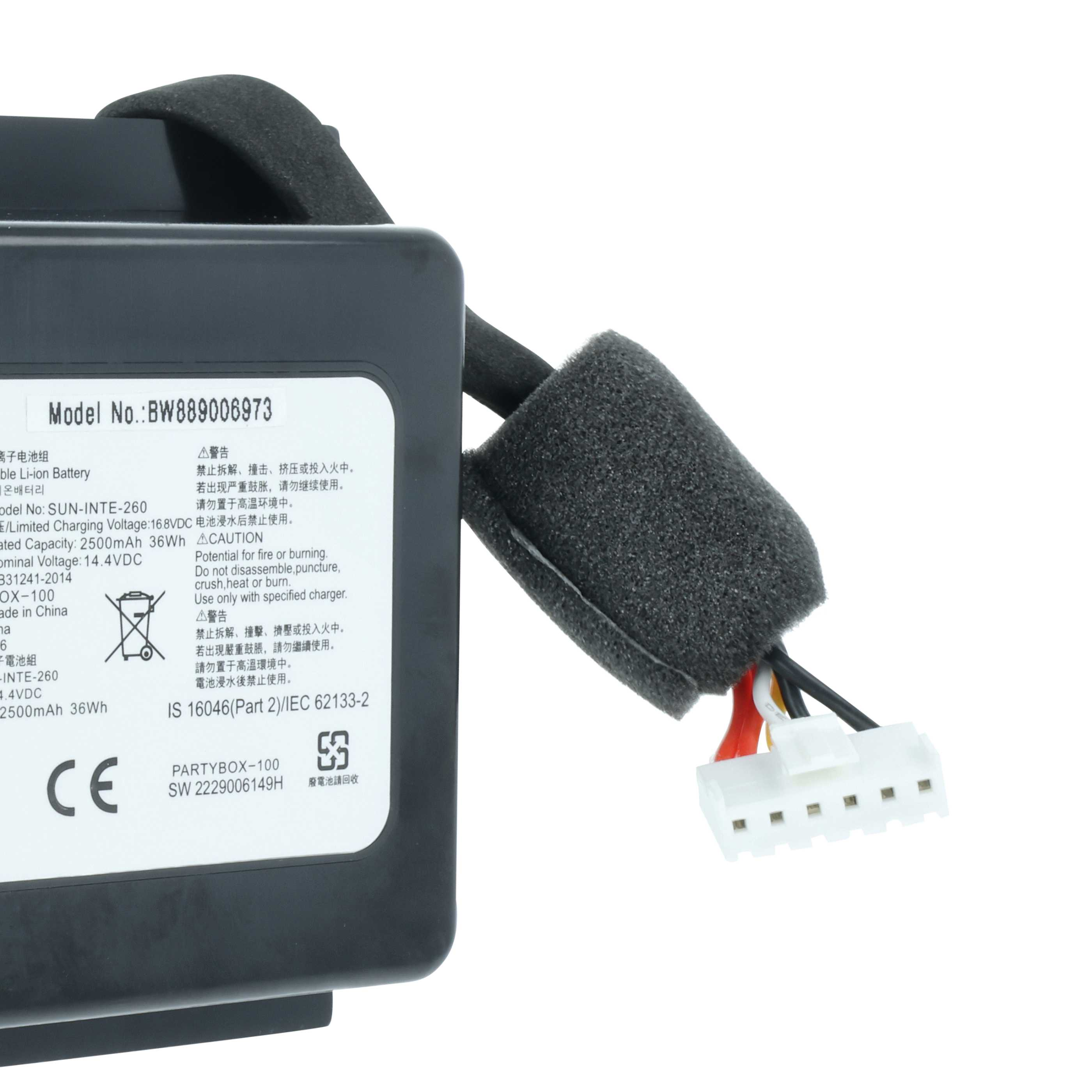 Ein Lithium-Ionen-Akku mit Modellnummer BW889006973 und CE-Zeichen.