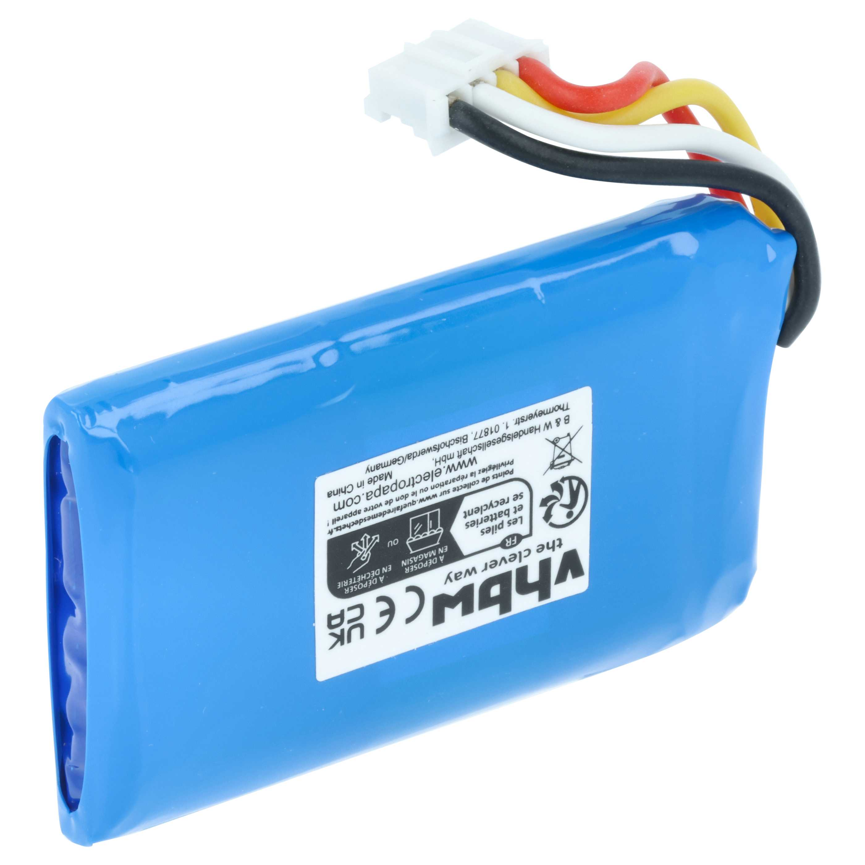 Ein blaues Akkupack mit weißen, roten, gelben und schwarzen Kabeln. Weißer Stecker oben.