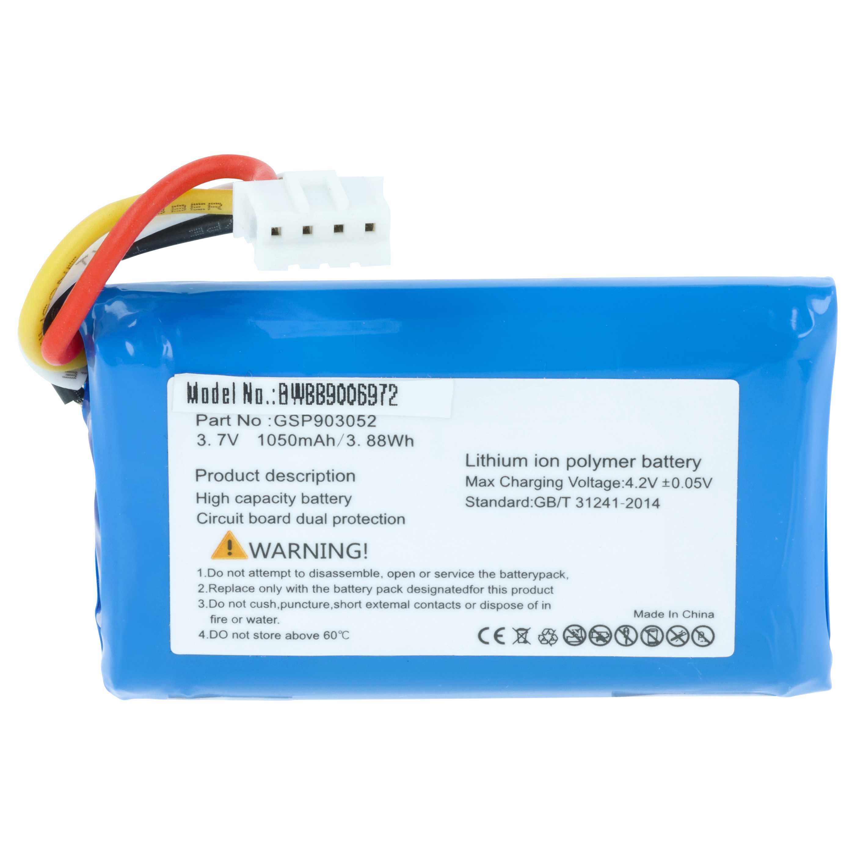Blauer Lithium-Ionen-Akku mit weißen Anschlüssen und drei farbigen Kabeln.