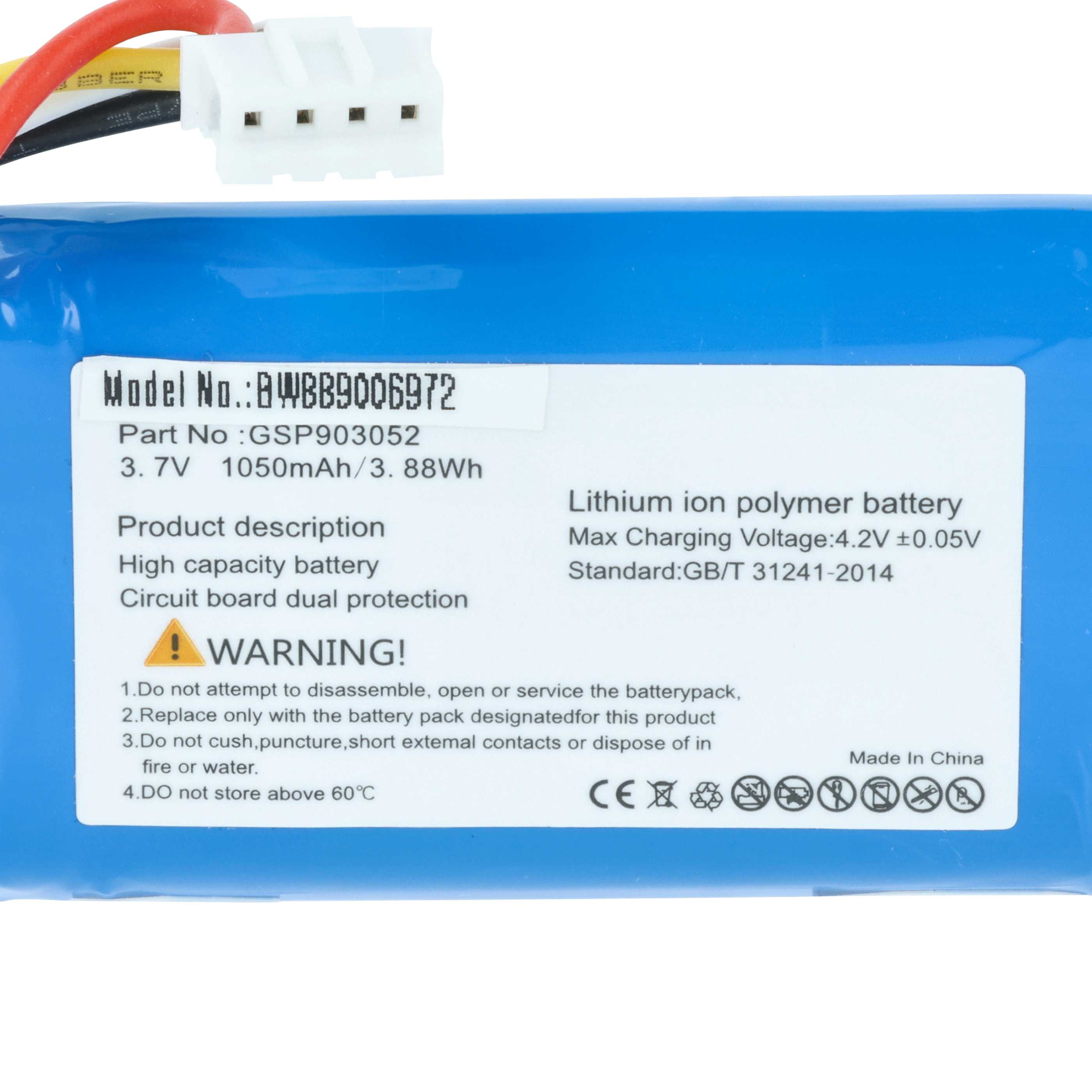 Blauer Lithium-Ionen-Akku mit Kabeln und Warnhinweisen.