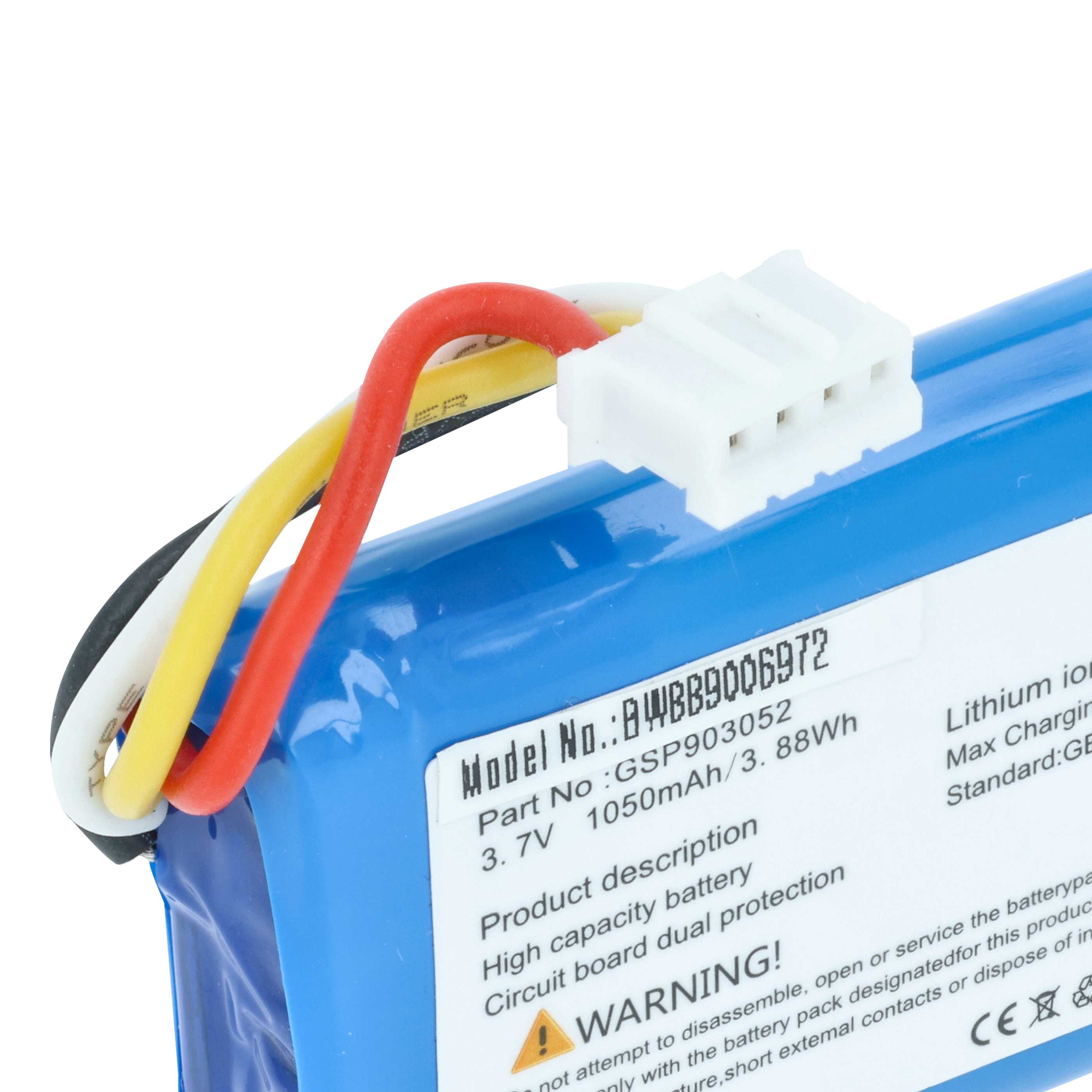 Blauer Lithium-Ionen-Akku mit 3,7V, 1050mAh, mit Kabeln und weißem Stecker.