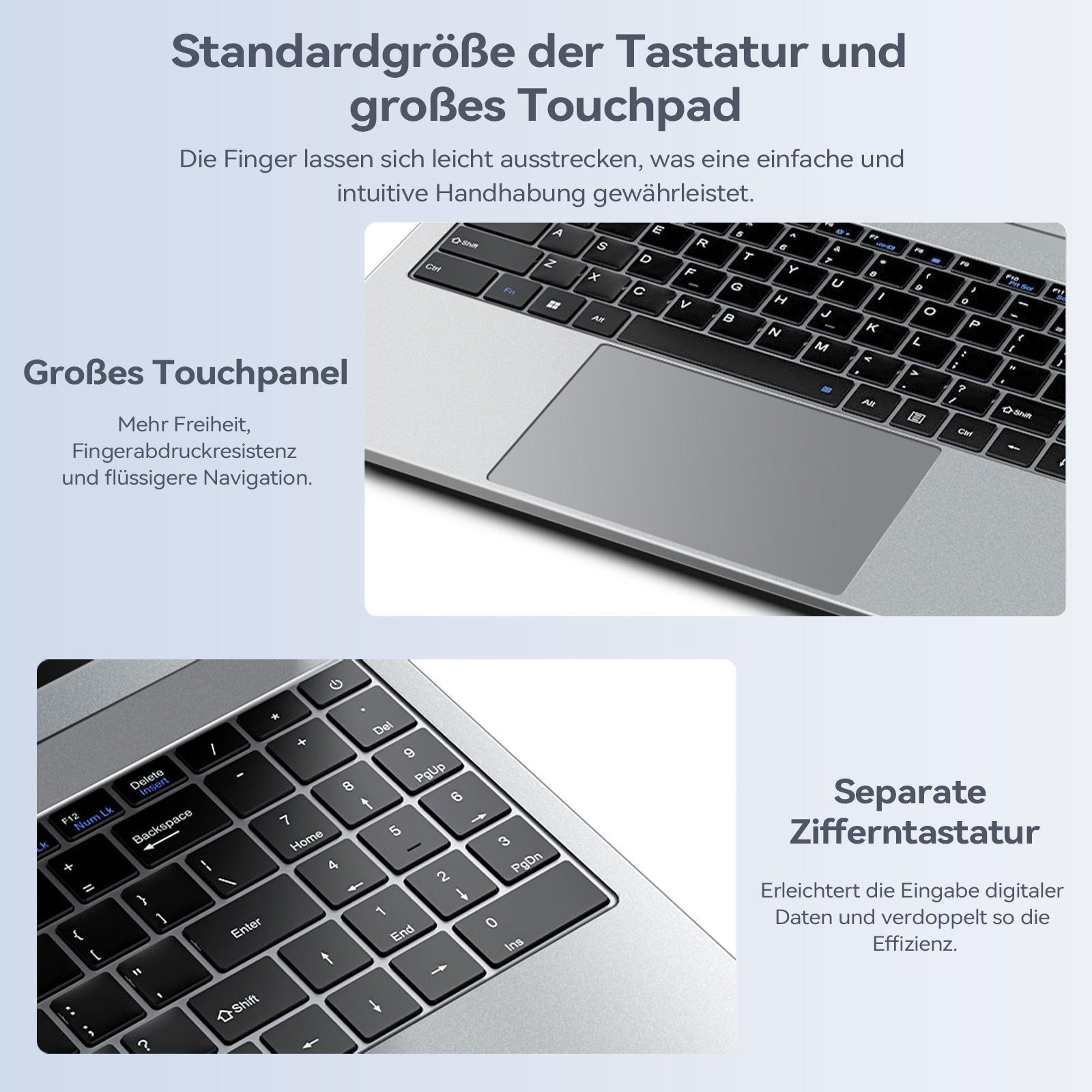 Laptop mit großem Touchpad und separater Zifferntastatur.