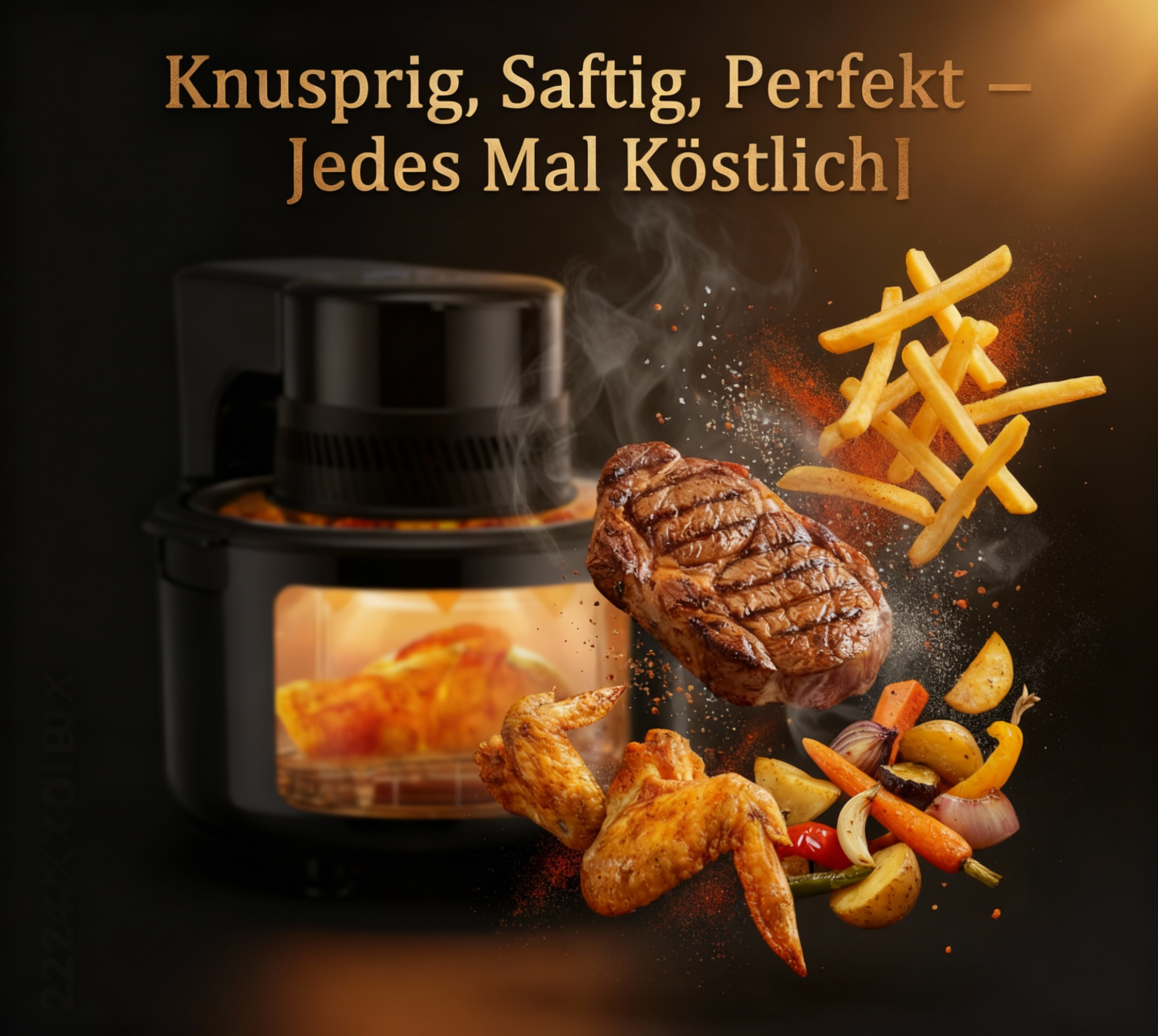 Ein Steak, Hähnchenflügel, Pommes und Gemüse fliegen aus einem Airfryer.