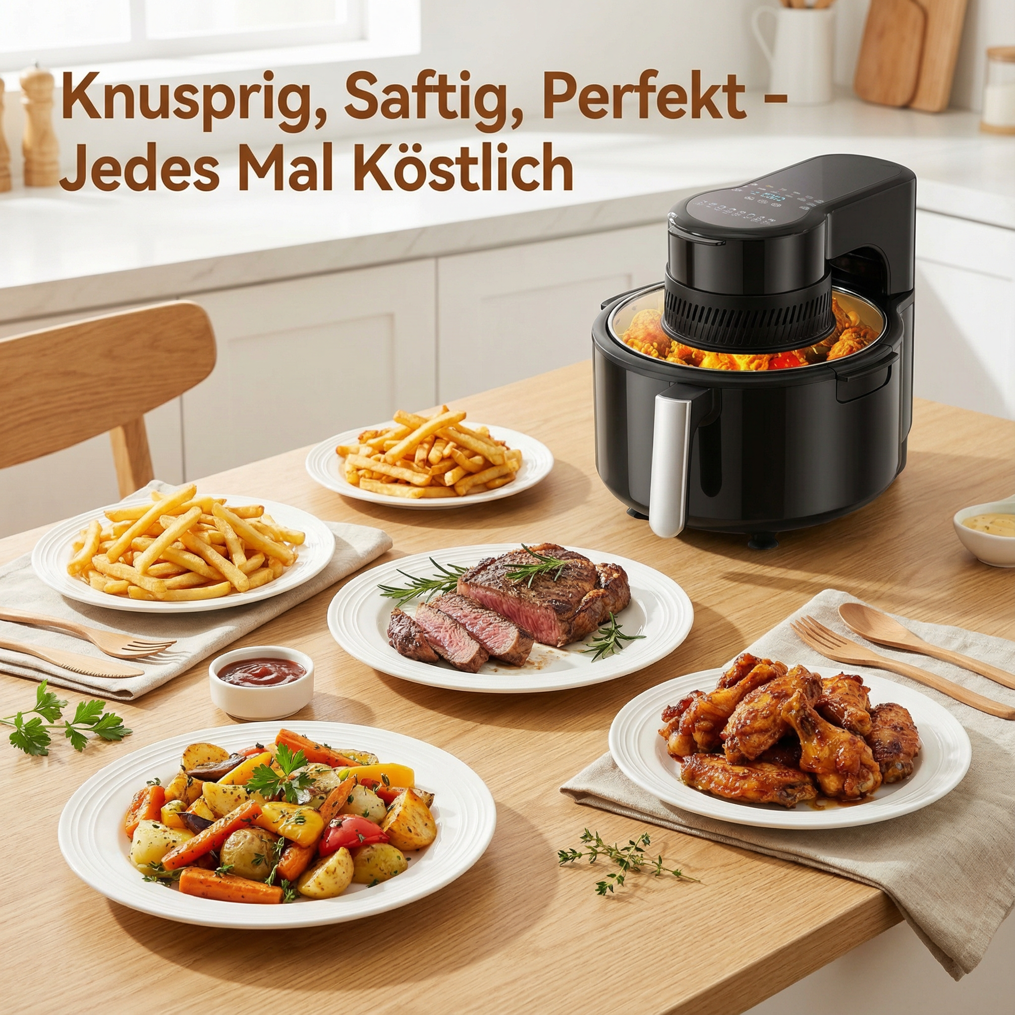 Ein schwarzer Heißluftfritteuse mit Essen, daneben Steaks, Pommes und Gemüse.