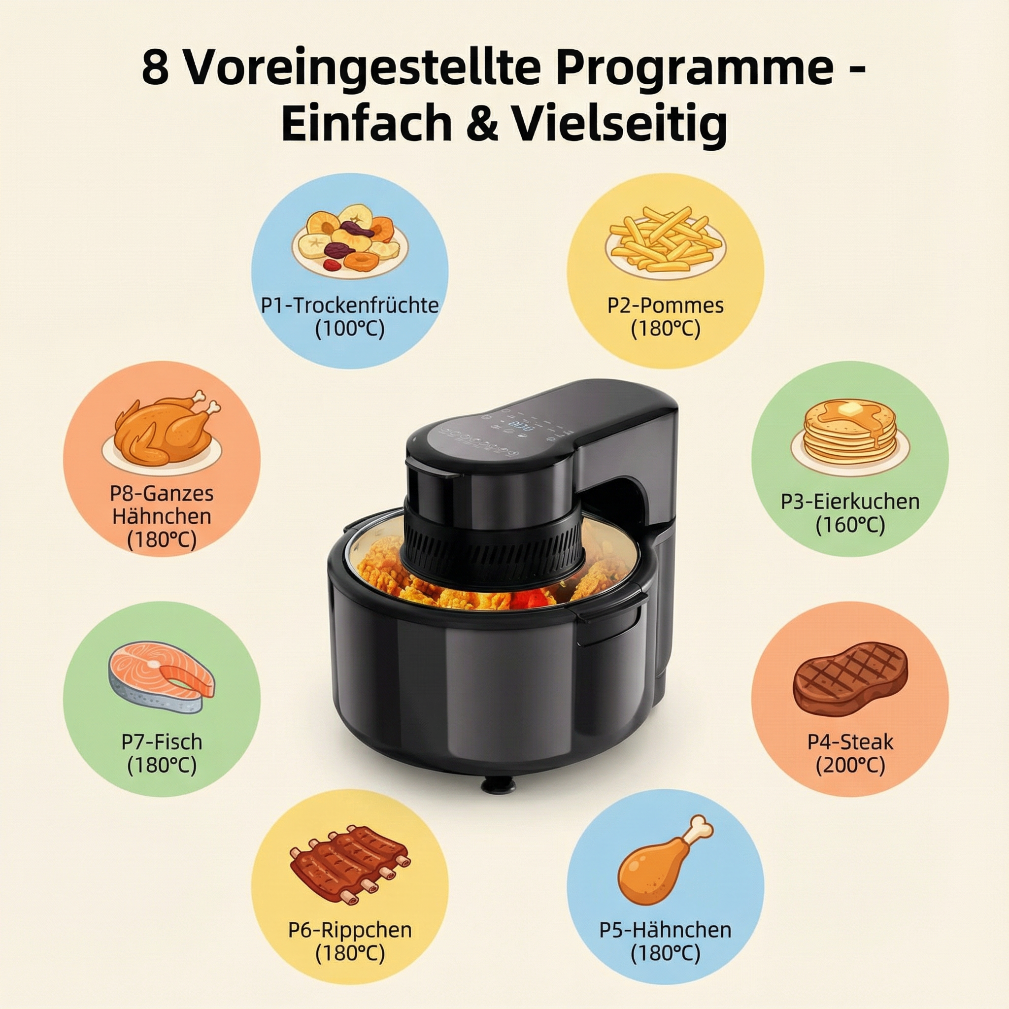 Airfryer mit 8 Programmen: Trockenfrüchte, Pommes, Pfannkuchen, Steak, Fisch, Rippchen, Hähnchen, ganzes Hähnchen.