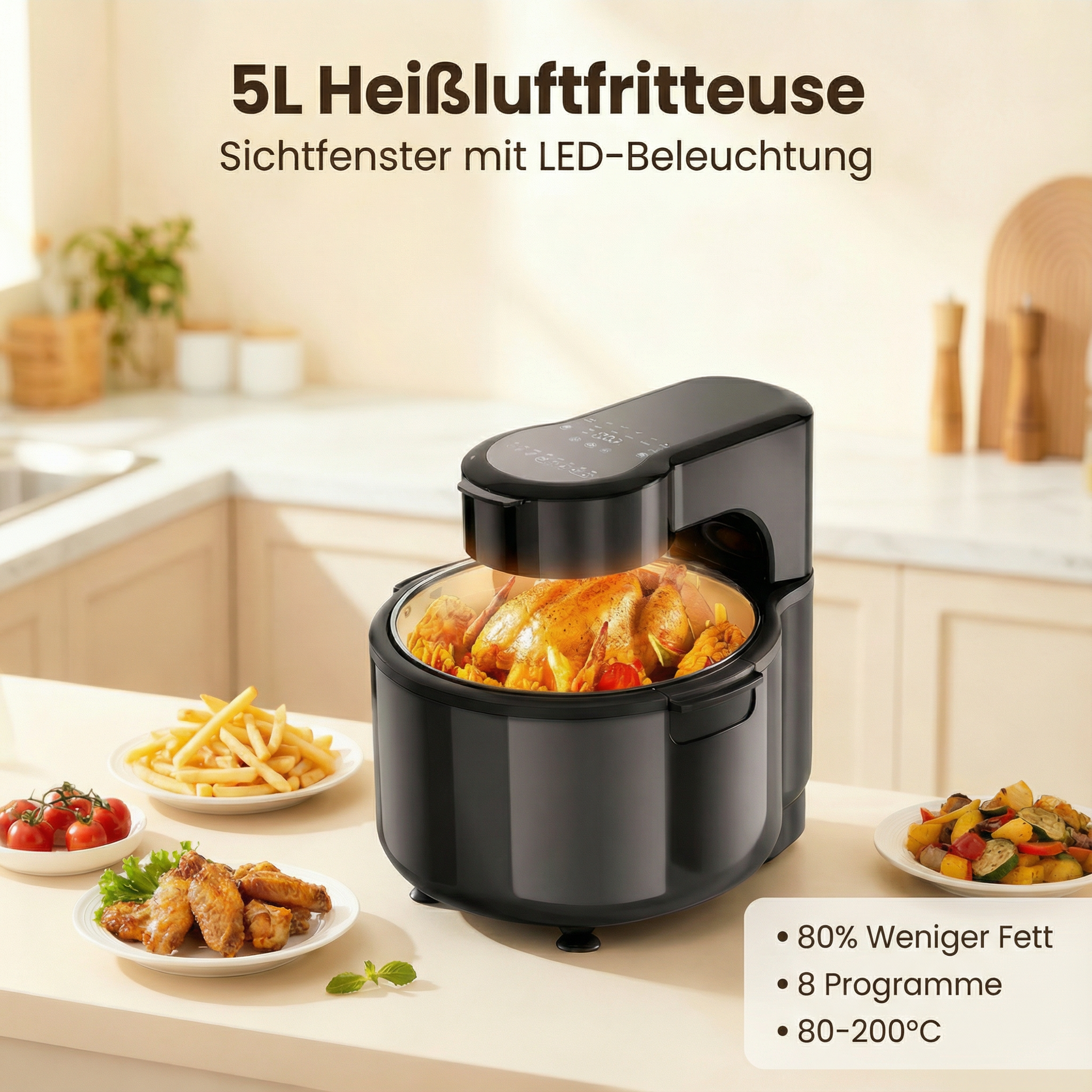 Eine Heißluftfritteuse mit Huhn, Pommes und Gemüse. 5L Fassungsvermögen.