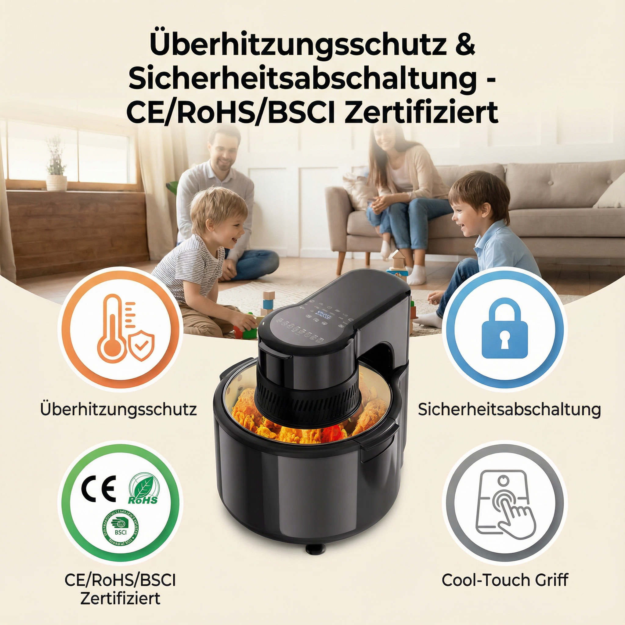 Ein schwarzer Airfryer mit Hähnchen im Korb. Icons zeigen Überhitzungsschutz & Sicherheit.