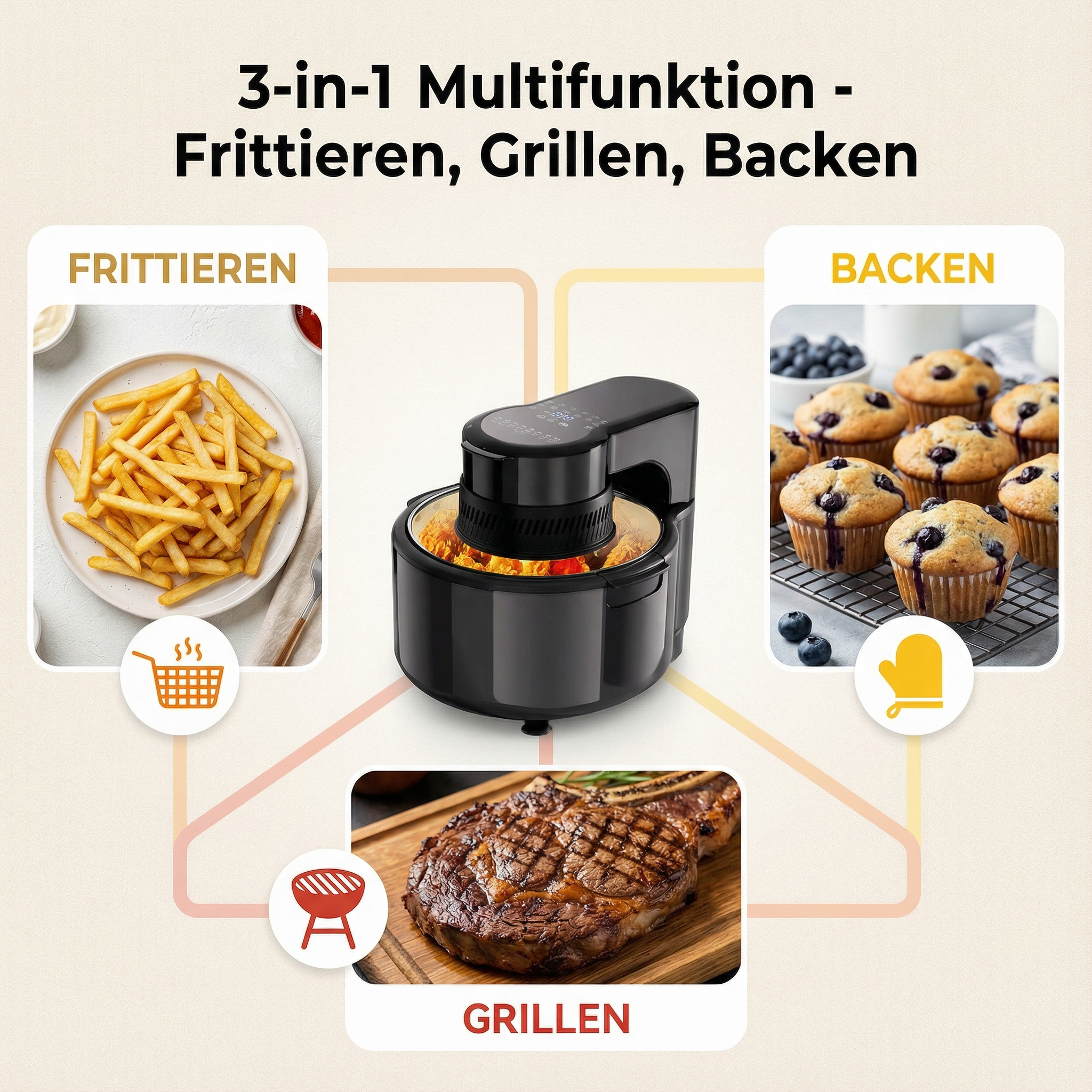 3-in-1 Küchengerät: Pommes, Muffins und Steak werden gezeigt.