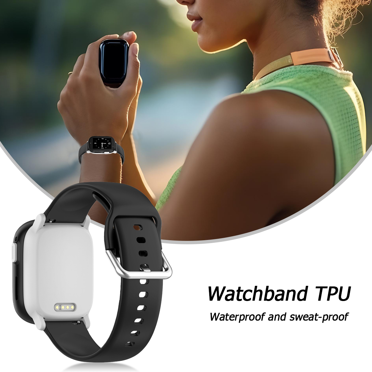 Zbliżenie czarnego paska do zegarka z TPU przymocowanego do białego zegarka.