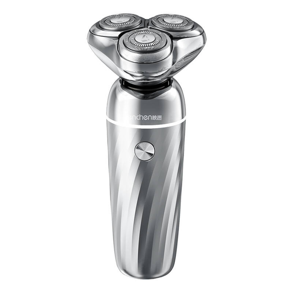 Srebrna golarka elektryczna z trzema obrotowymi głowicami i uchwytem ze spiralnym wzorem.