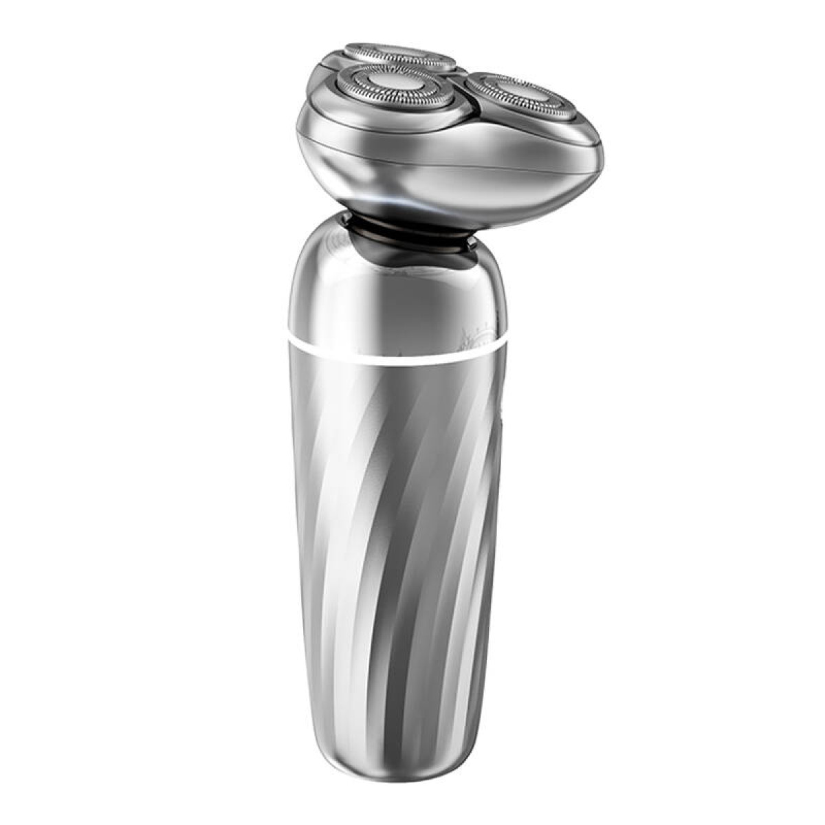 Srebrna golarka elektryczna z trzema obrotowymi głowicami i skręconym uchwytem.