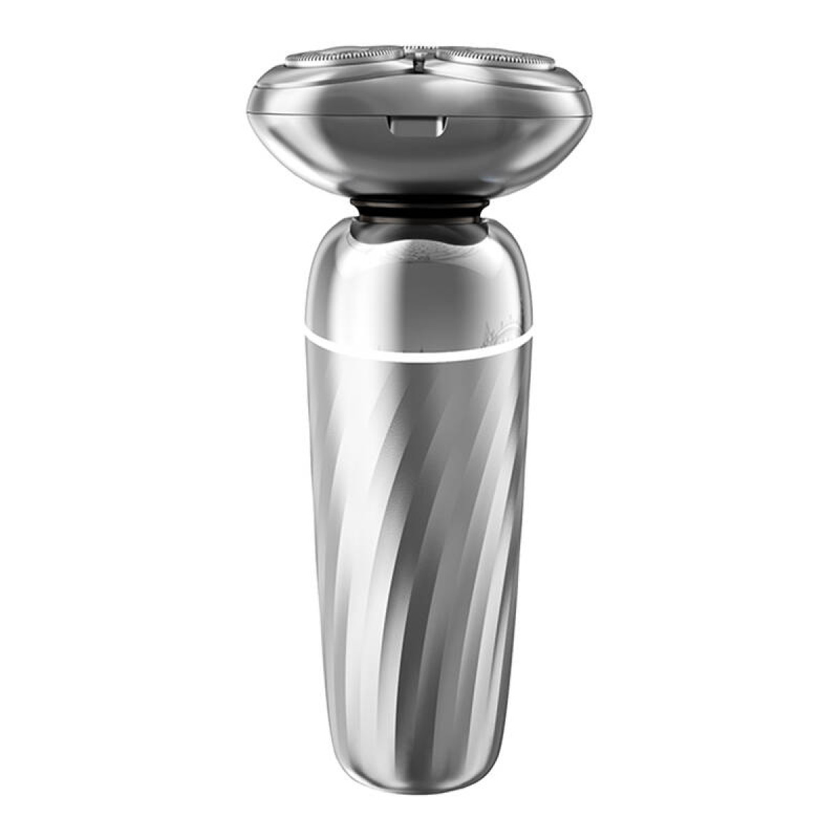 Srebrna golarka elektryczna z trzema obrotowymi głowicami i żebrowanym uchwytem.