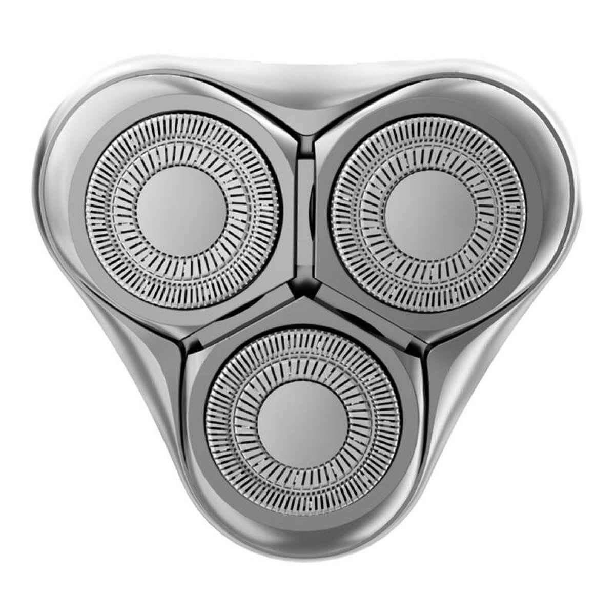 Zbliżenie srebrnej głowicy golarki z trzema okrągłymi ostrzami.