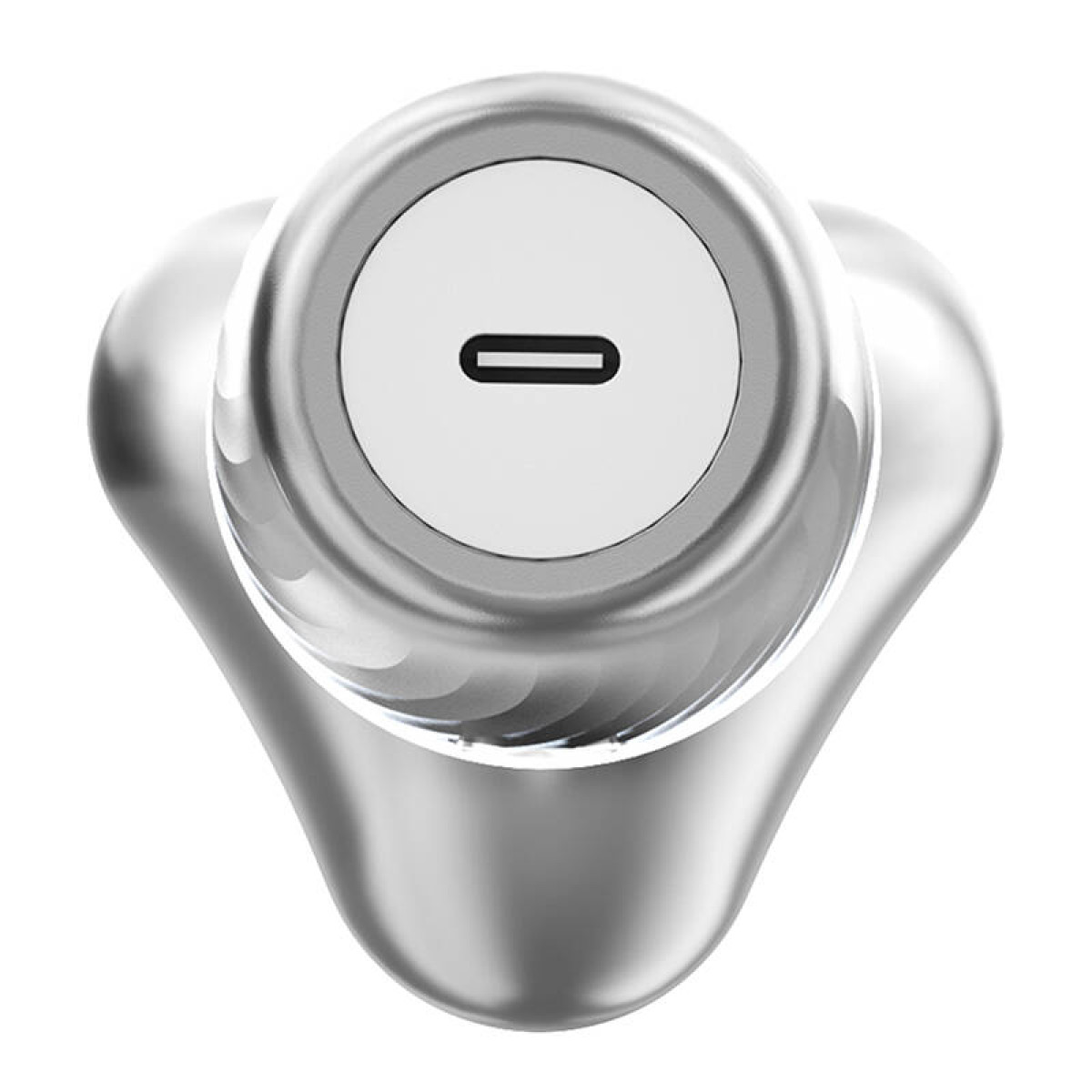 Zbliżenie srebrnego portu USB-C z ciemnym prostokątem w środku.