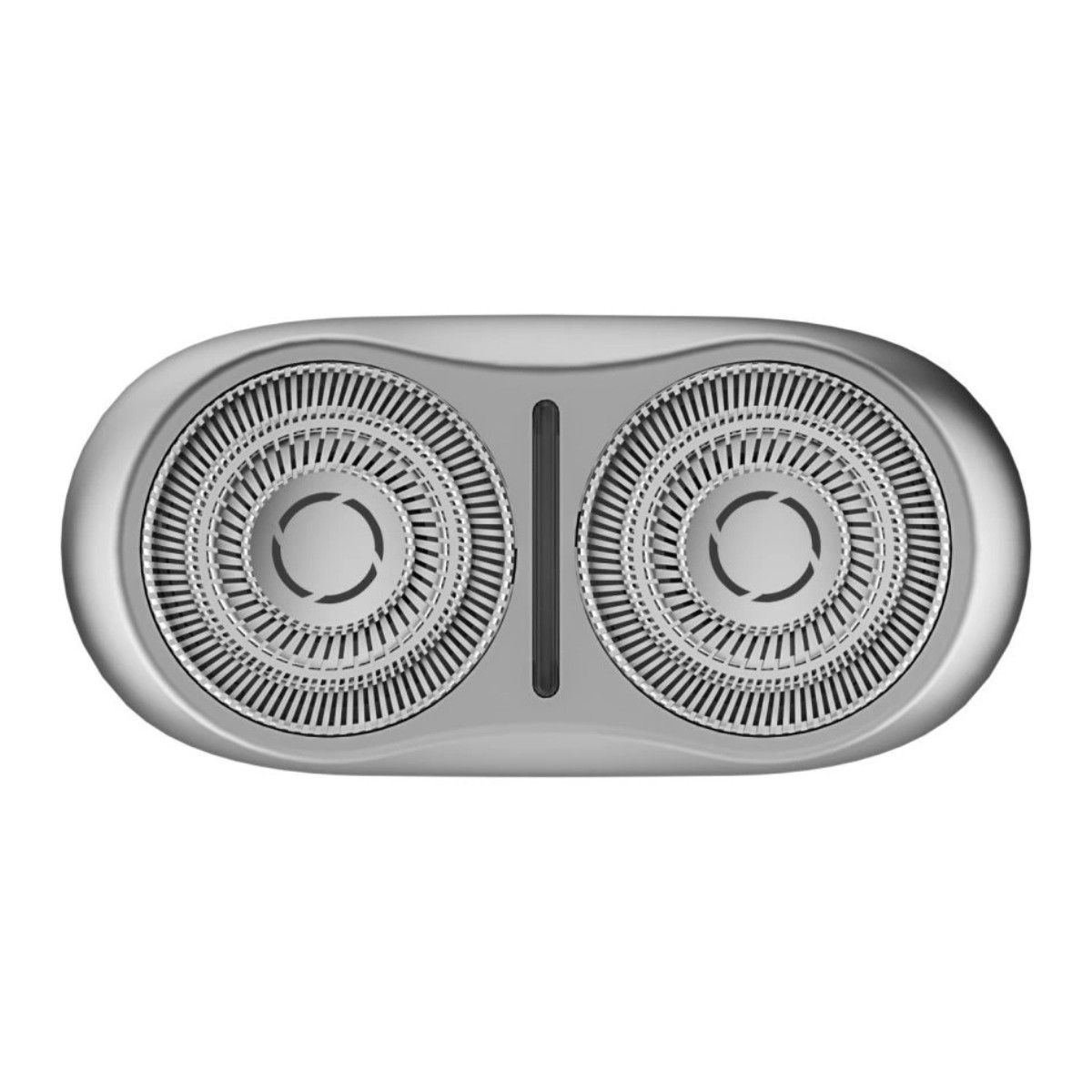 Zbliżenie srebrnej głowicy golarki z dwoma okrągłymi elementami tnącymi.