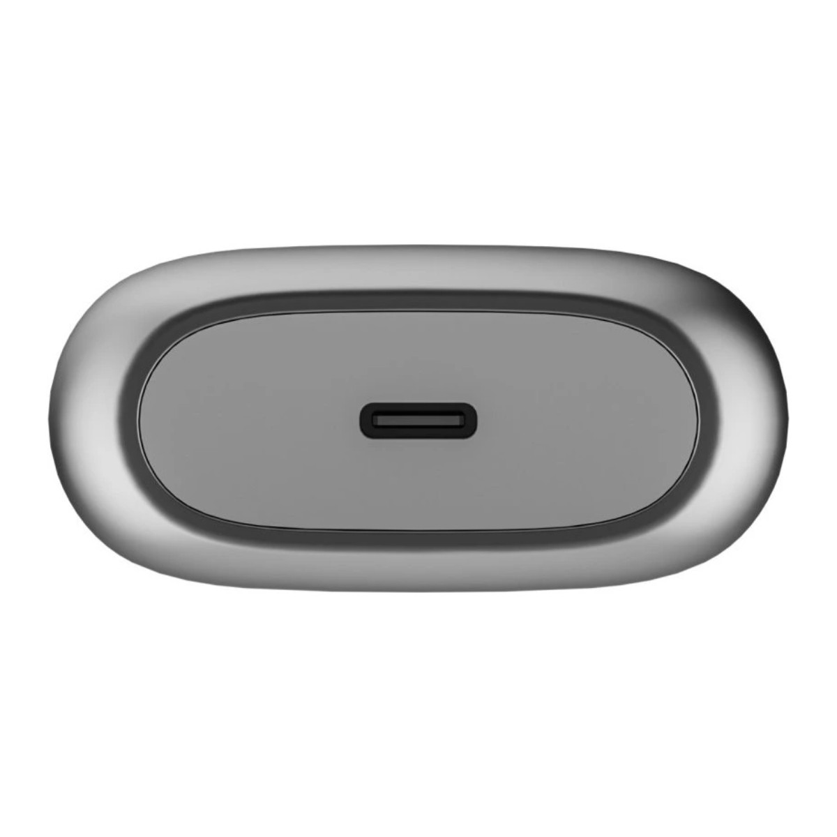 Szary port USB-C z czarną szczeliną pośrodku, owalny kształt.
