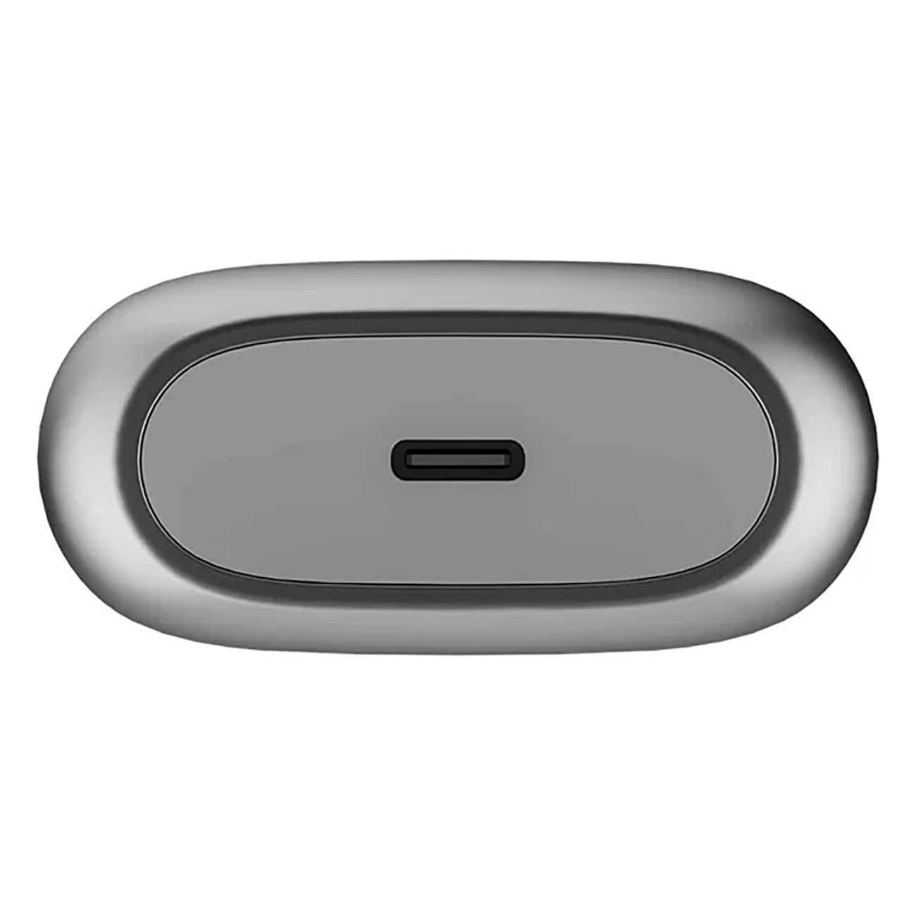 Zbliżenie srebrnego portu USB-C na białym tle.