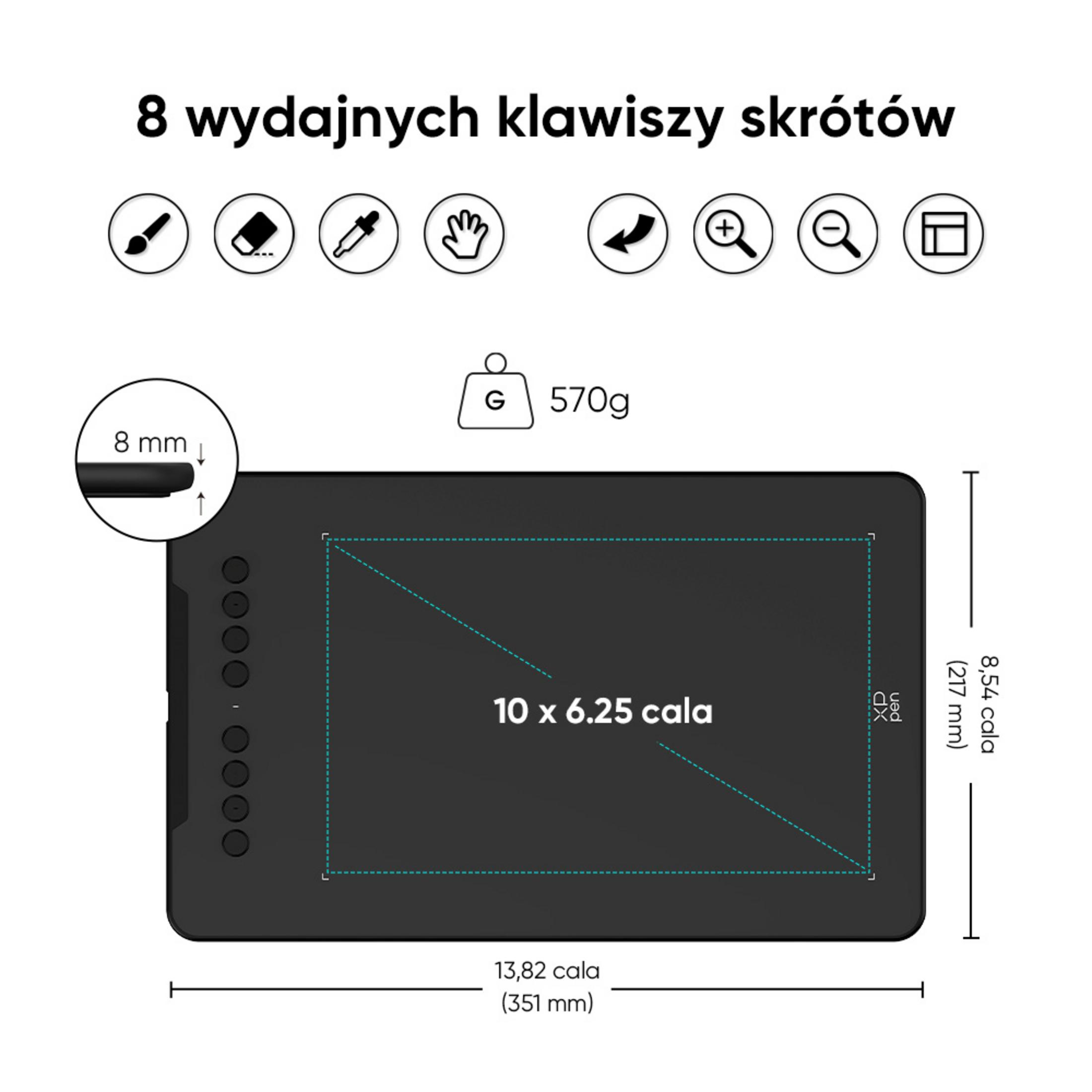 Una tavoletta grafica con spessore 8 mm, peso 570g e area schermo 10x6,25 pollici.
