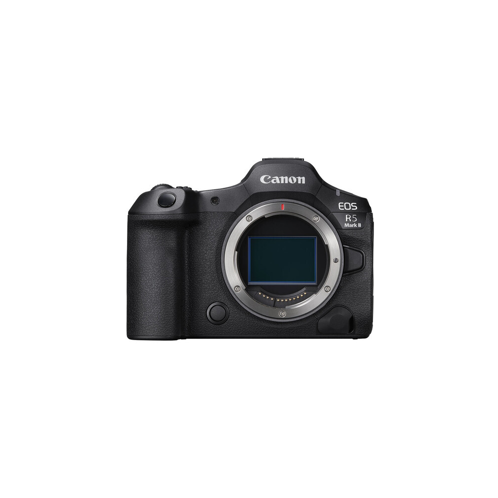 Gümüş halkalı, lens yuvalı siyah Canon EOS R5 Mark II fotoğraf makinesi.